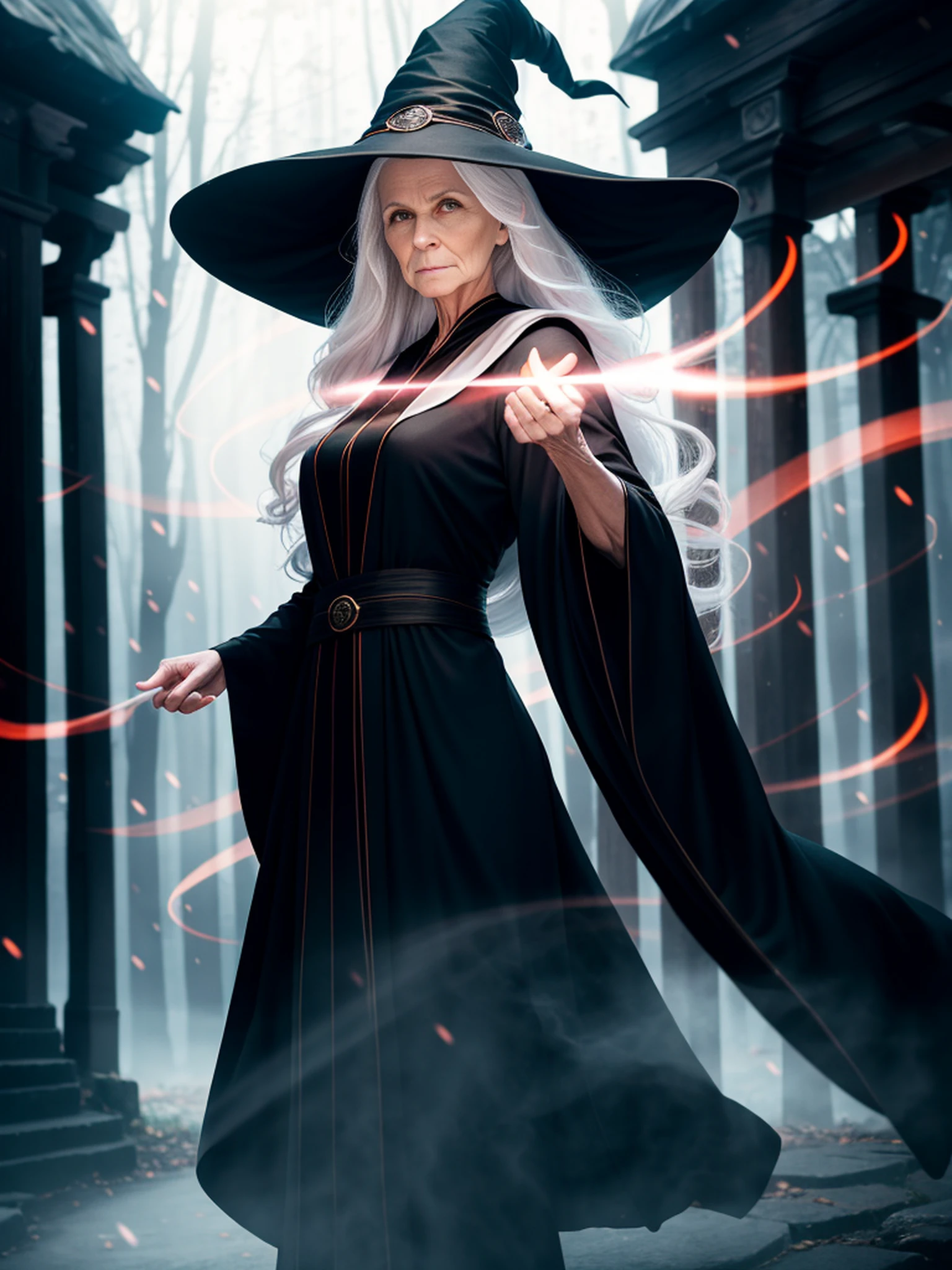 RAW photo, one person, skin invisible, full body photo of 60 year old woman, witch, Sensual beautiful woman with round cheeks, realistic facial expression, light red eyes, pale skin, wavy white hair, long hair, witch hat, white skin, slender body, wearing full body black robe with rich decoration, confident expression, (magic mysterious background, fireflies, glowing particles, ethereal fog, faint darkness), high saturation, film light, rim light, best shadows, pointing here, background is urban ruins, (very detailed skin: 1.2), 8k UHD, DSLR, soft lighting, high quality, film particles, fujifilm XT3