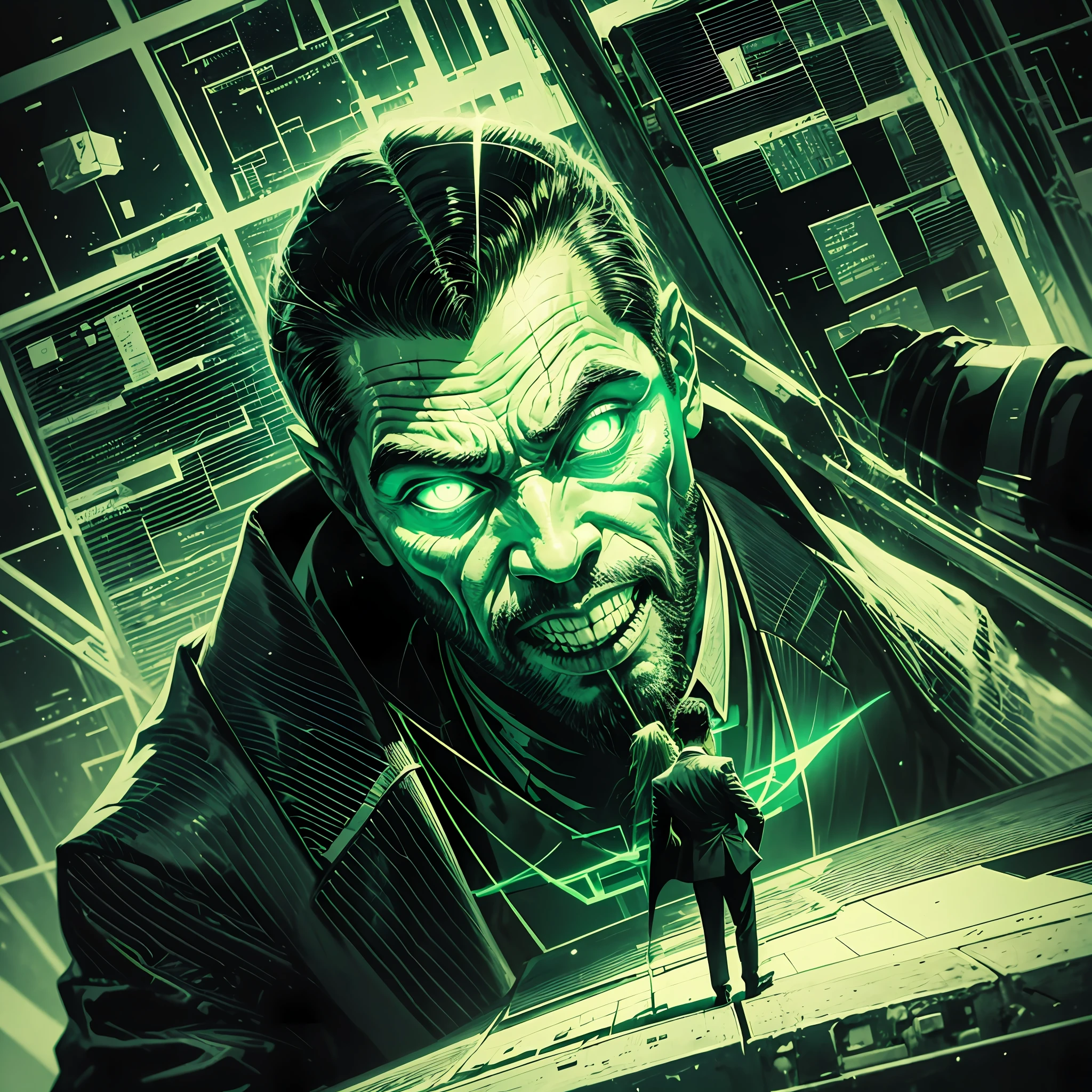 Drawing of a giant in a suit and tie eating human beings. Jhon Romita style illustration, illustration of a giant in suit and tie devouring people, dark, lovercraft style, dark and fluorescent green colors, giant devouring people --auto --s2