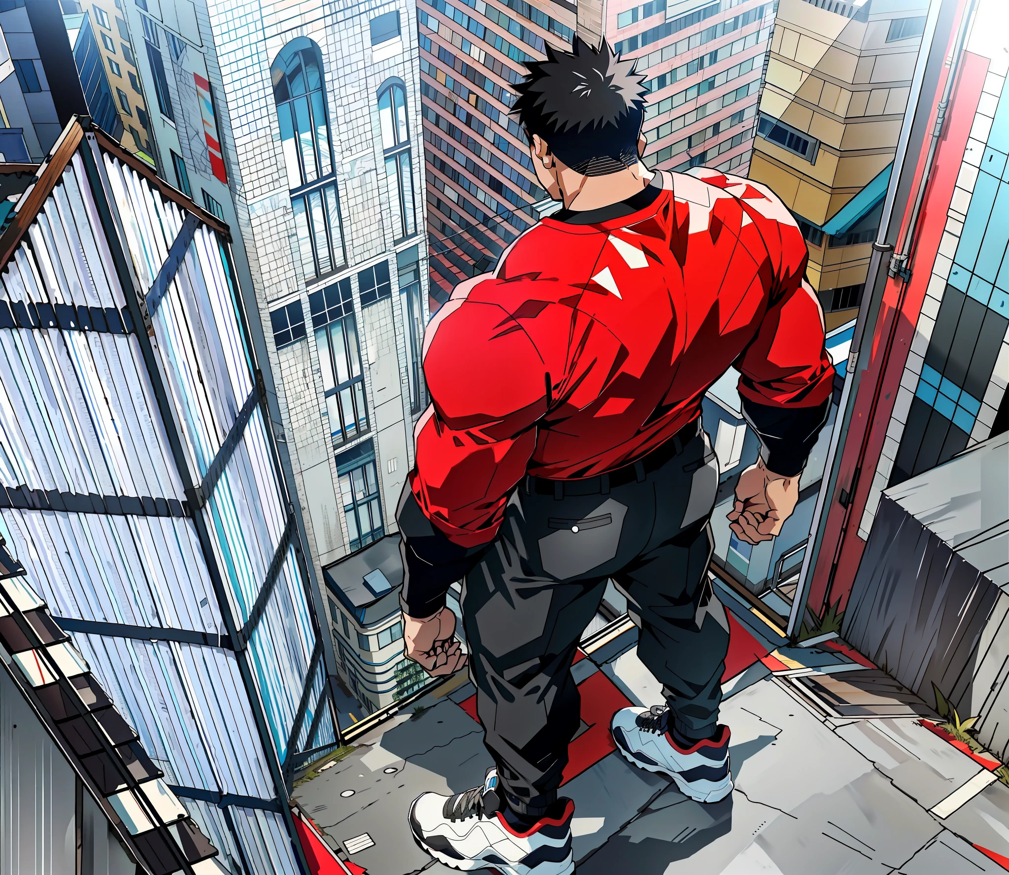 Generate an anime-style artwork featuring a high angle shot of a muscular male character with his back turned to the camera, THE CHARACTER IS ON TOP OF A HIGH BUILDING, The protagonist should possess an extremely muscular body, akin to that of a bodybuilder. top down view, from above angle, The character should have very short hair and be dressed in a white tank top, black pants, and black sneakers. The image should depict the full body of the character, with the focus on their intimidating stance from behind. The protagonist should exude strength and dominance, displaying a powerful presence. The scene should feature only the muscular character, THE CHARACTER MUST BE ON TOP OF A BUILDINGS SHOWING A BIG CITY BELOW HIM