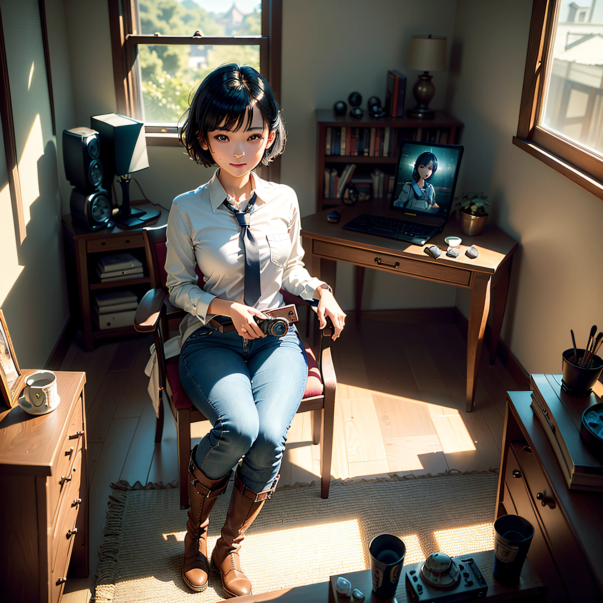 (Masterpiece, highest quality, highest resolution, distinct_image, very elaborate CG, cinematic lighting, ray tracing, drop shadows, detailed detail, (photorealistic: 1.4), high quality textures, fine-grained, realistic face expression): (lone girl, face is Japan, short hair, small size breasts, sparkling eyes, Eye level shot, light smile, beauty, slim body, holiday, bedroom, console game, computer, jeans, long boots, collared shirt, radio, coffee, model train, bookshelf, chair, pot, fan, painting, stuffed animal, tie)