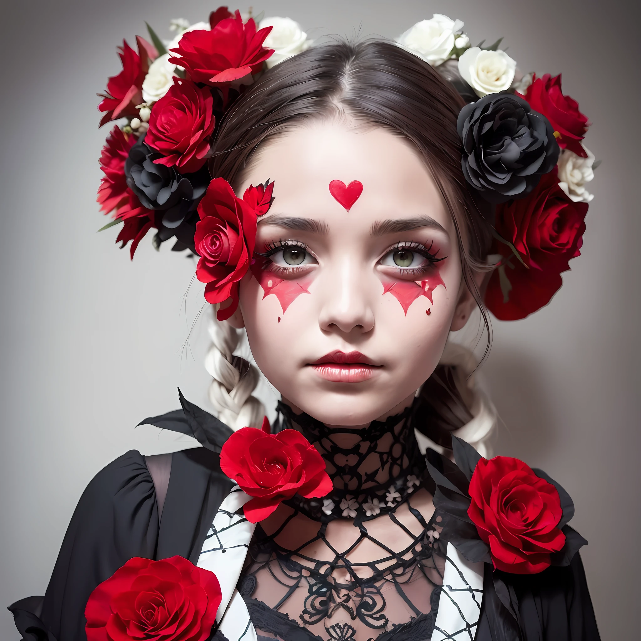 a woman with a red flower in her hair, by reyna rochin, tumblr, skull face paint, beautifull lovely eyes, trick or treat, eyes. dark colors, cute bandaid on nose!!, white skeleton face, so cute, great pinterest photo, description