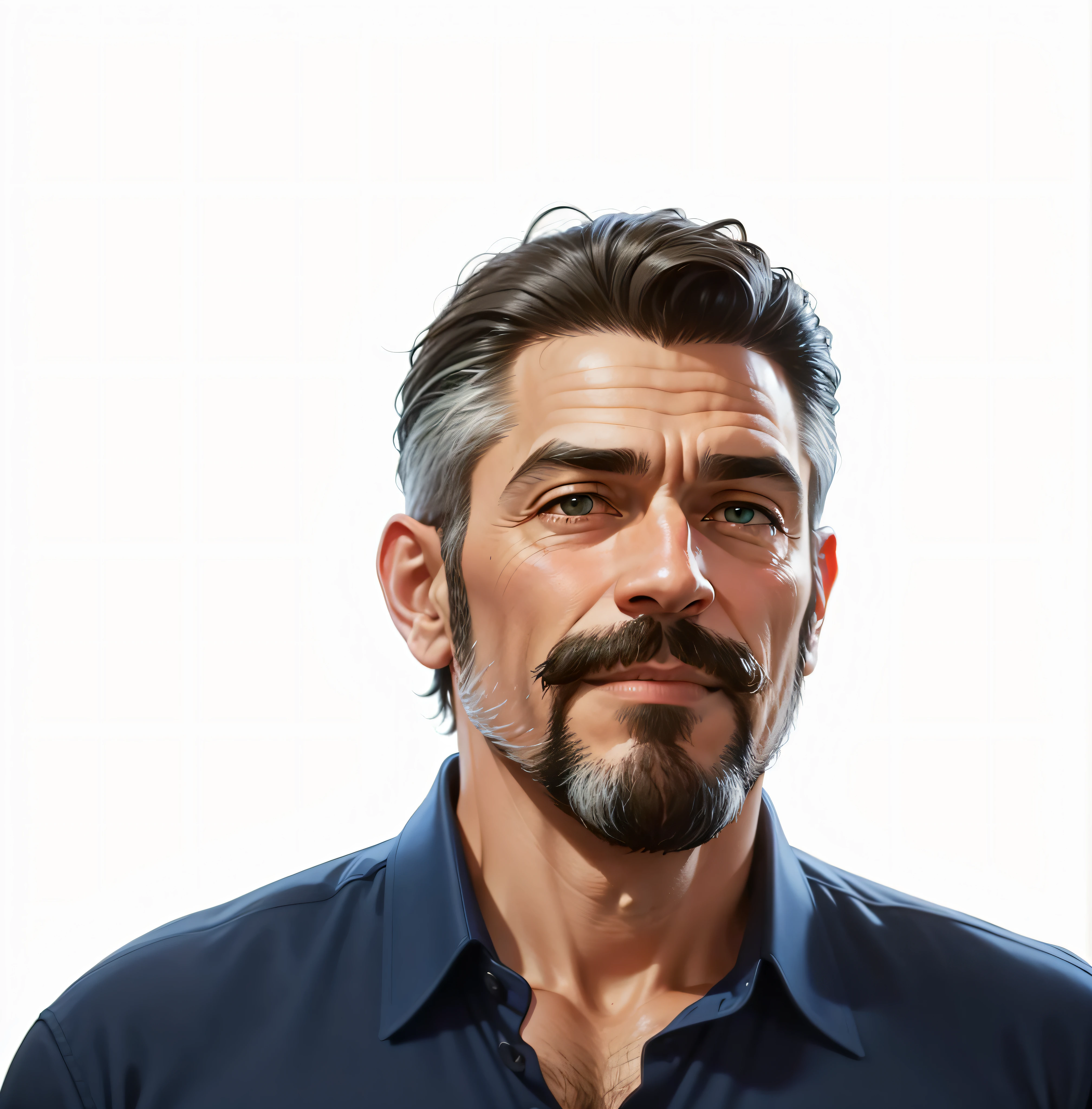 Man in blue shirt, standing in front of a window in an ultramodern office, 55-year-old man, Hispanic origin, dark green eyes, beard and very slight mustache, with some gray hair, 8K, ultrarealistic, expressive smile, military bearing, ultramodern office background with large windows, estilo anime, --auto --s2