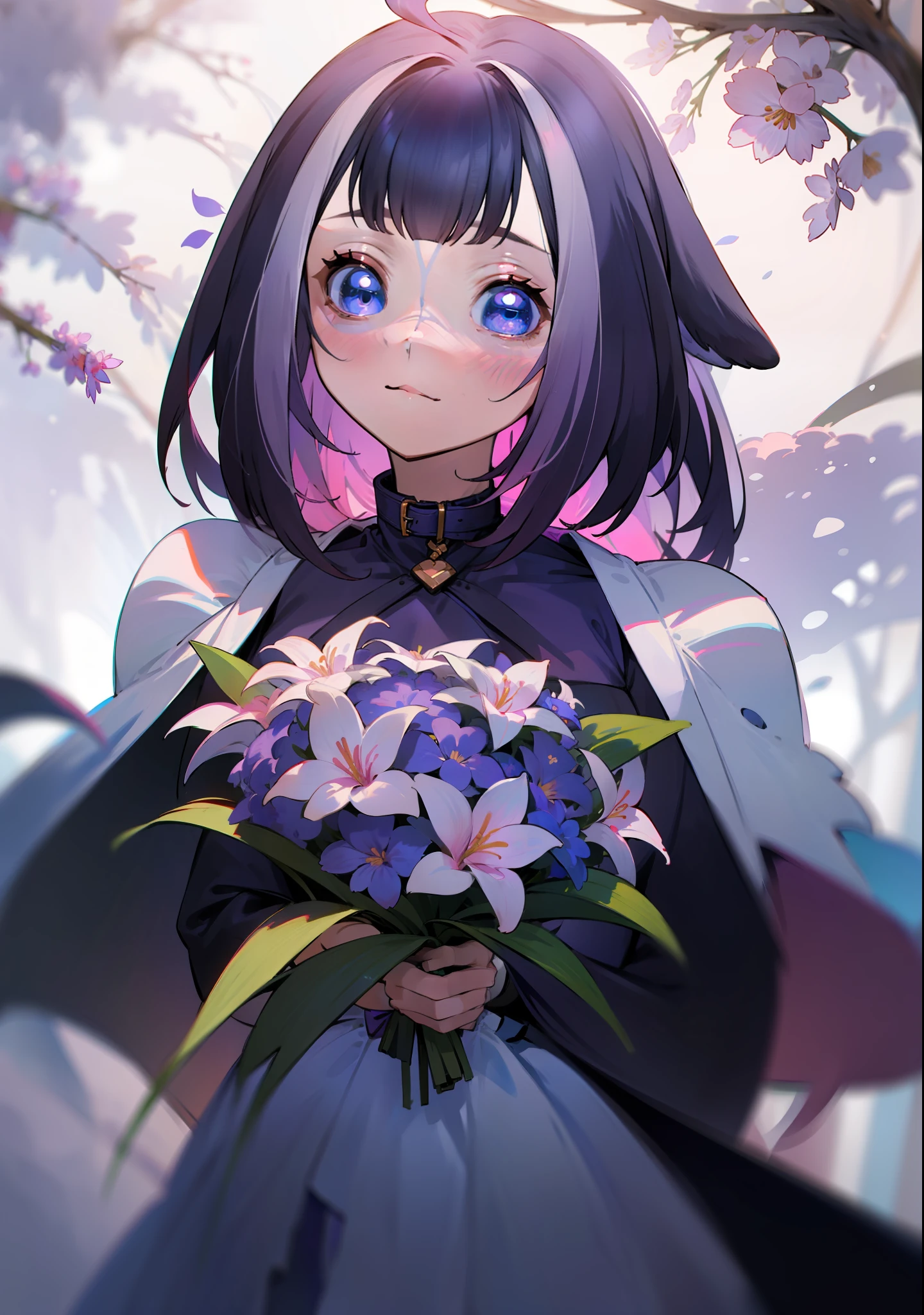 (first person, simple art, cute expression) Hello, my name is Shylily, I have dark purple hair and blue eyes. I'm wearing a cute pink dress and I'm holding a bouquet of pink and white flowers.