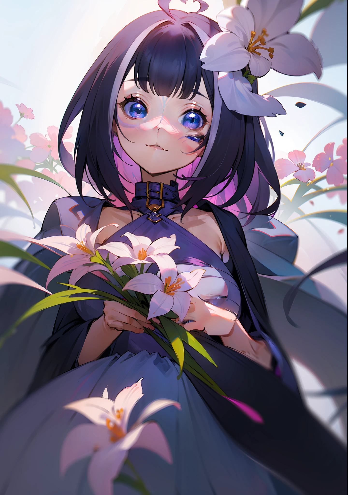 (first person, simple art, cute expression) Hello, my name is Shylily, I have dark purple hair and blue eyes. I'm wearing a cute pink dress and I'm holding a bouquet of pink and white flowers.