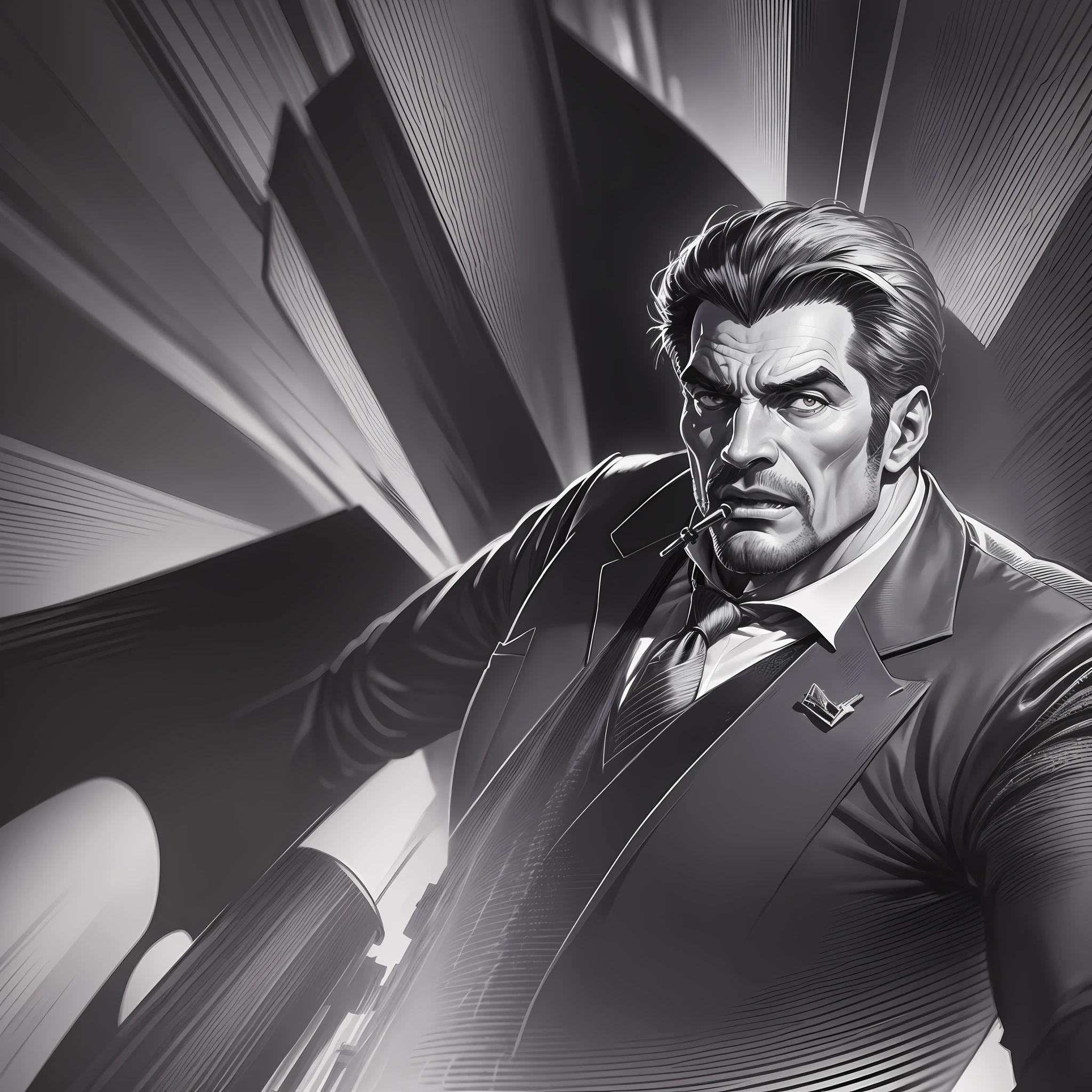 Drawing of a giant in a suit and tie eating human beings. Jhon Romita style illustration, illustration of a giant in suit and tie devouring people, dark, lovercraft style, dark, giant devouring people. --auto --s2