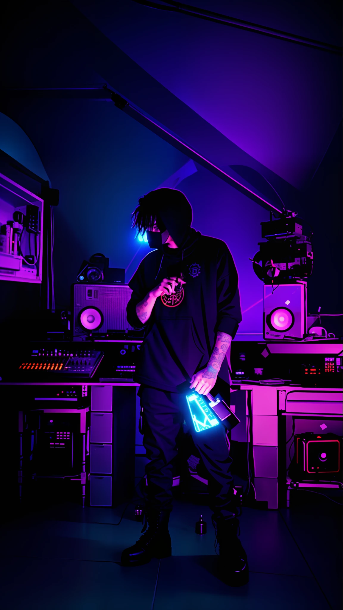 there is a man standing in a room, in his basement studio, in a studio, dimly lit, studio lit, dimly - lit, photograph taken in 2 0 2 0, tending on art station, chillhop, taken in the early 2020s, standing in a dimly lit room, dj at a party, rapping, wearing japanese techwear, performing on stage, taken in the early 2020s, taken in 2 0 2 0, in a studio, techwear occultist, blue eyes, badass anime, portrait, global illumination, shadows, octane render, 8k, ultra sharp, metal, intricate, ornaments detailed, perfectly drawn, perfect proportions, cold colors, lil peep, lil pump, xxxtentacion, justin bieber, marshal maters, highly intricate details, realistic light, trending on cgsociety, glowing eyes, facing camera, sicko, trending, ashy, photo from a promo shoot, end of an era, official artwork, promo image, dark walls, steampunk, punk, trapstar, album cover, white man, blue eyes, chains, rings, holding a microphone, lil peep, masked, shinobi, alternate album cover, album cover!, xxxtentacion, album art cover, album art, new album cover, yung lean, music album cover, album cover, rap album cover, colored album art, hardops, arca album cover, an album cover, album artwork, sicko, trending, anime artsyle, dark, darkness, shadows, perfect proportions, beautiful eyes, beautiful face, amazing, masterpiece, high resolution, 8k, 3d, shadows, lights, purple shades, perfectly drawn, low light room, in his basement studio, in a darkly lit laboratory room, in a dark studio room, standing in a dimly lit room, studio 4°c, studio lit, in a studio, psychedelic lighting, on stage, studio, studio ghibili, on a stage
