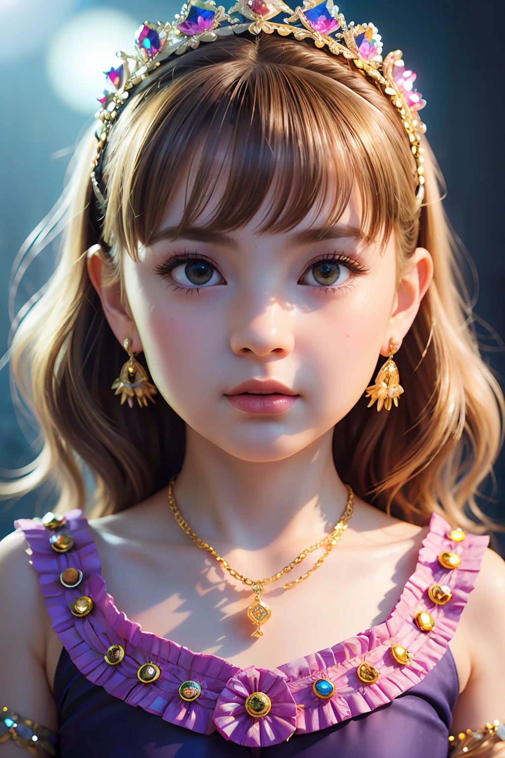 masterpiece, best quality, illustration, flashy pink, platinum earrings, platinum necklace, white dress, 1girl, cute, (dynamic lighting:1.2), cinematic lighting, delicate facial features, detailed eyes, sharp pupils, realistic pupils, depth of field, bokeh, sharp focus, (hyper-detailed, bloom, glow:1.4), many small gems, age 45