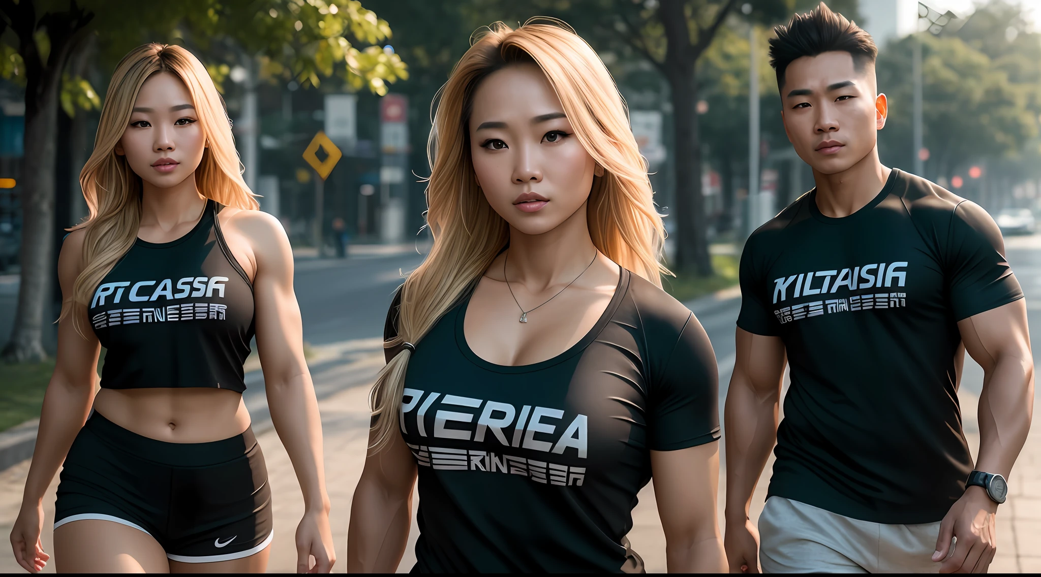 A beautiful young Thai woman with blond hair and bodybuilder physic, large breasts, wearing a torn t-shirt, jogging in the park, full body including legs, photorealistic, photo, masterpiece, realistic, realism, photorealism, high contrast, photorealistic digital art trending on Artstation 8k HD high definition detailed realistic, detailed, skin texture, hyper detailed, realistic skin texture, armature, best quality, ultra high res, (photorealistic:1.4), high resolution, detailed, raw photo, sharp re, by lee jeffries nikon d850 film stock photograph 4 kodak portra 400 camera f1.6 lens rich colors hyper realistic lifelike texture dramatic lighting unrealengine trending on artstation cinestill 800,