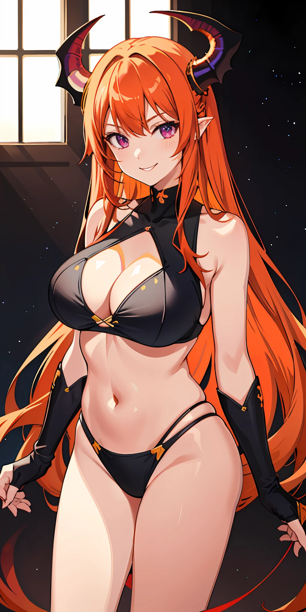 1girl, bright, orange hair gradient red hair, mesh blonde, reddish purple eyes, horns, dragon, colorful hair, saleme, side lights, light particles, wallpaper, big, plump, idol, swimsuit, loose, fluffy, smile, gentle, clear, sexy
