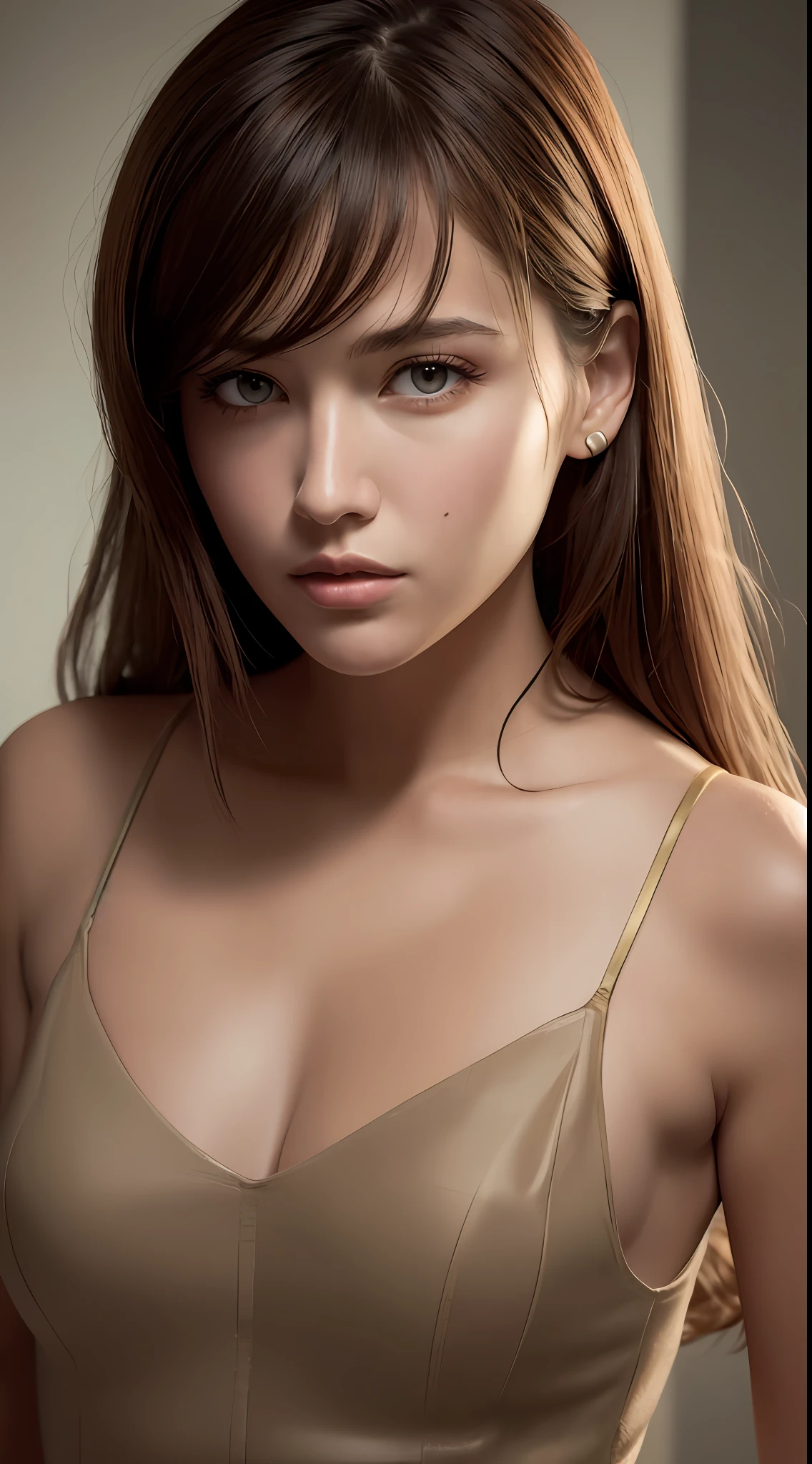 ((Night, Realistic Light, Best Quality, 8K, Masterpiece: 1.3)), Slender Beauty: 1.4, Stand Abs: 1.1, (Brown Hair, Big: 1.2), Moist Silk Dress: 1.2, Bathroom, Super Slender Face, Full Eye Detail, Double Eyelids). {{Masterpiece}}, {{Best Quality}}}}, {{Super Detail}}, {{Illustration}}, {{Disheveled Hair}}, {{Masterpiece}}, {Highest Quality}, {{Super Detail}, {{{Illustration}, Beautiful scenes, clear facial features, hyperrealistic, octane rendering, UE5, high detail, hyper quality, high resolution, art station trend, Hyperrealism, Surrealism, HD, 16K, Telephoto Lens, Medium Close-Up, Split Lighting,