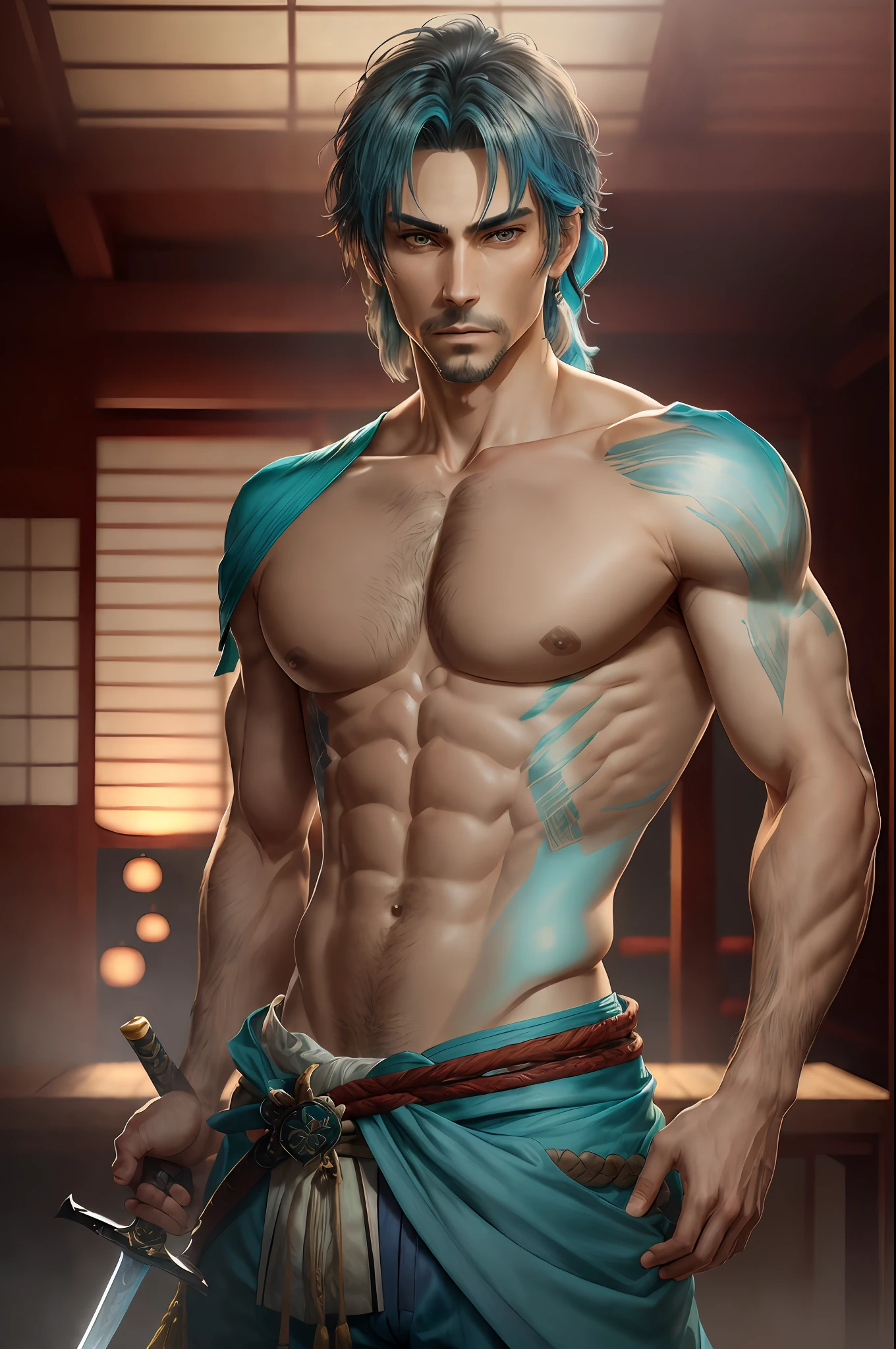 masterpiece, top quality, 1 man, man, nioh standing, turquoise brown hair, gray blue eyes, forked hair, short hair, long bangs, ponytail, handsome, handsome, masculine, gentle, tall, quiet, light blue trousers, prince. Sword. Japanese. Sit-up. Upper body . Sunset.