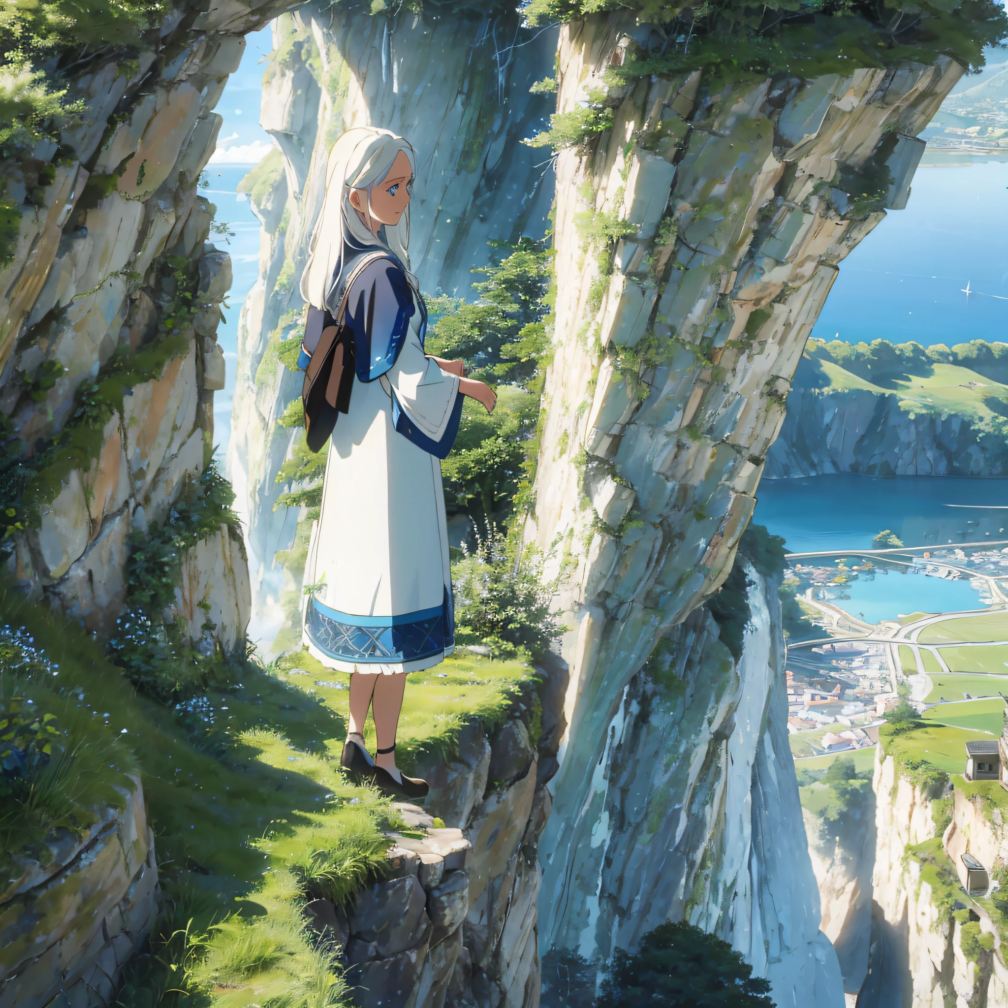 The white-haired and blue-eyed woman stood alone on the cliff, looking out into the sky, green grass growing everywhere, and a blue lake under the cliff --auto --s2