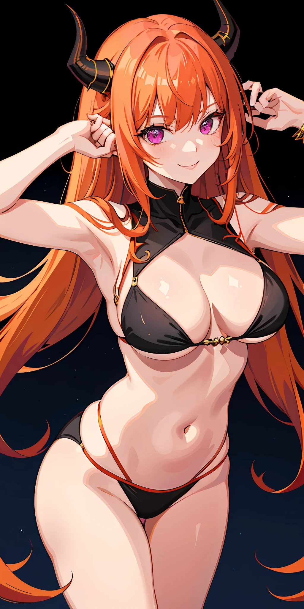 1girl, bright, orange hair gradient red hair, mesh blonde, reddish purple eyes, horns, dragon, colorful hair, saleme, side lights, light particles, wallpaper, big, plump, idol, swimsuit, loose, fluffy, smile, gentle, clear, sexy