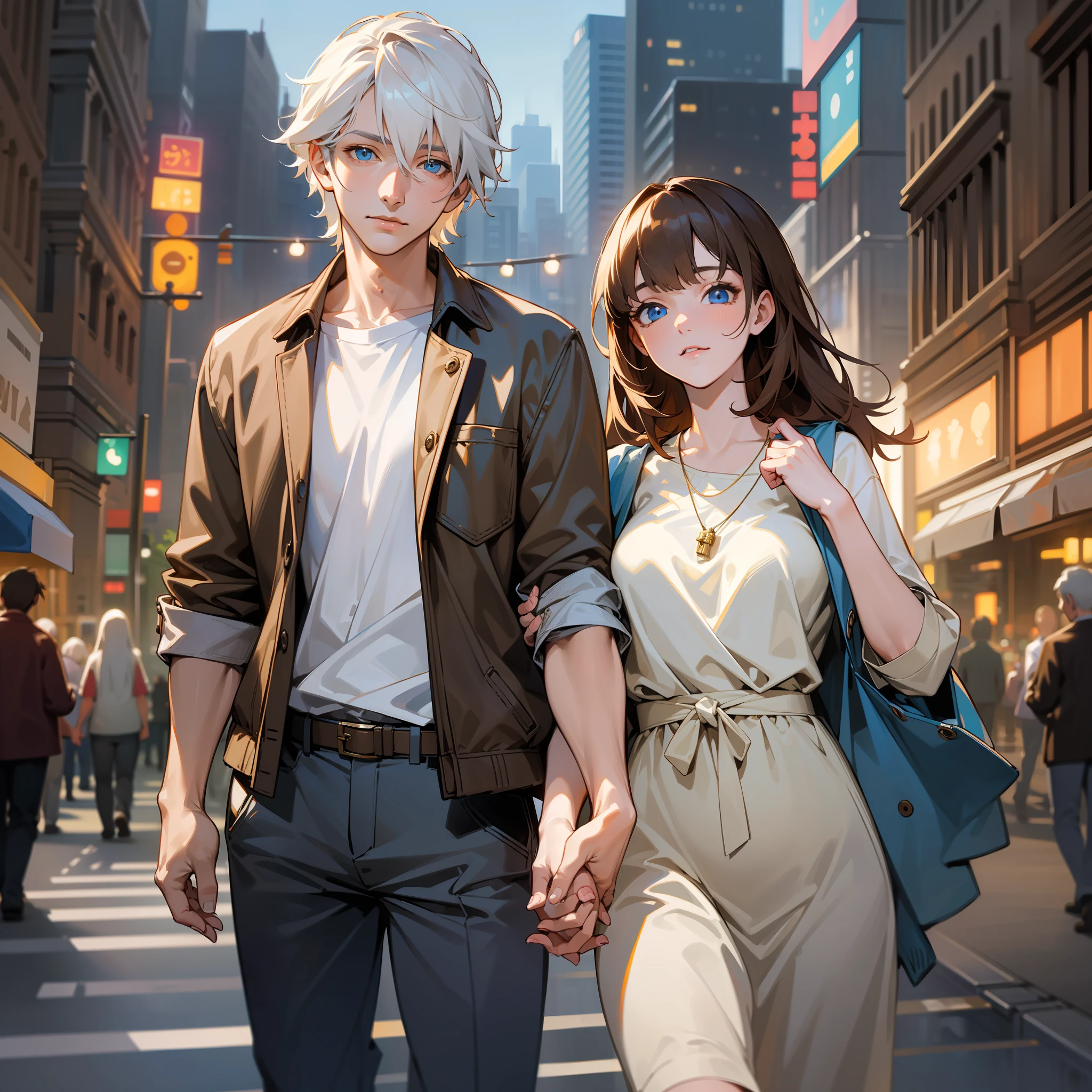 ((realistic: 1.5)),((best quality)), ((masterpiece)),((detailed)), man, young, white hair, bright yellow eyes, holding hands with woman, brown hair, long, fringe, blue eyes, flushed, sexy, casual clothes, city at night