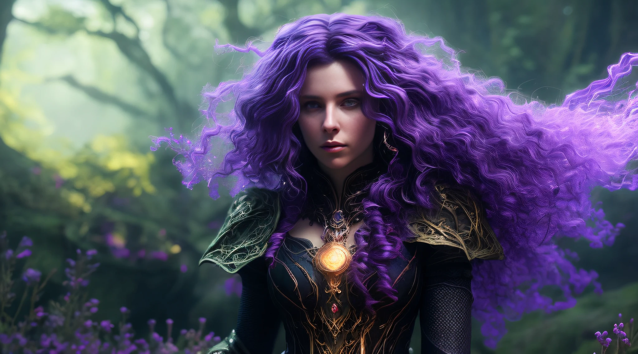 Full body shot, facing camera, realistic digital painting portrait of a gothic female enchantress, (curly hair:1.1), (purple hair:1.3), magical dark and red universe, magic cloth armor with black and purple engrave in intricate details, movement, walking forward, slow-motion, (abstract background:1.2), (very detailed skin:1.2), (game concept:1.3), (elden ring style:1.3), (arcane style:0.8), (depth of field:1.3), volumetric lighting, global illumination, art by viktoria gavrilenko