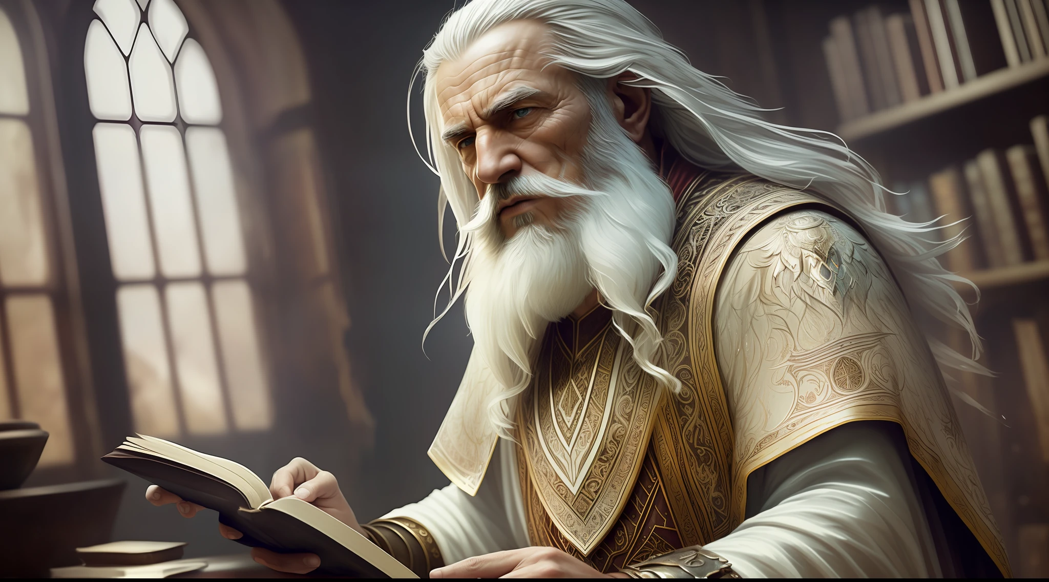 (Cinematic Photo:1.3) from (Ultra detailed:1.3) photo of the world's most beautiful artwork with smooth glossy, ((epic heroic fantasy, rough wet old man biblical character Enoch, wounded hero hopeful look with long white hair and long white beard and fierce look in a dynamic posture, holding a book, garments from centuries before Christ)), chest, full face,(dark background:1.4) (realistic epic, hdr, intricate details, hyperdetailed, cinematic, rim light, muted: 1.5), ((fantastic location, majestic cluttered environment)), skin pores, very dark lighting, heavy shadows, detailed, detailed face, (realistic photo, dramatic, dark, sharp focus, 8k), (flawless tunic:1.5), (intricate: 1.4), decadent, (highly detailed: 1.4), octane rendering, sharp focus,sitting writing, floating particles,(by artist Greg Rutkowski:1.3),Highly detailed,(Kinemacolor:1.3) --auto --s2