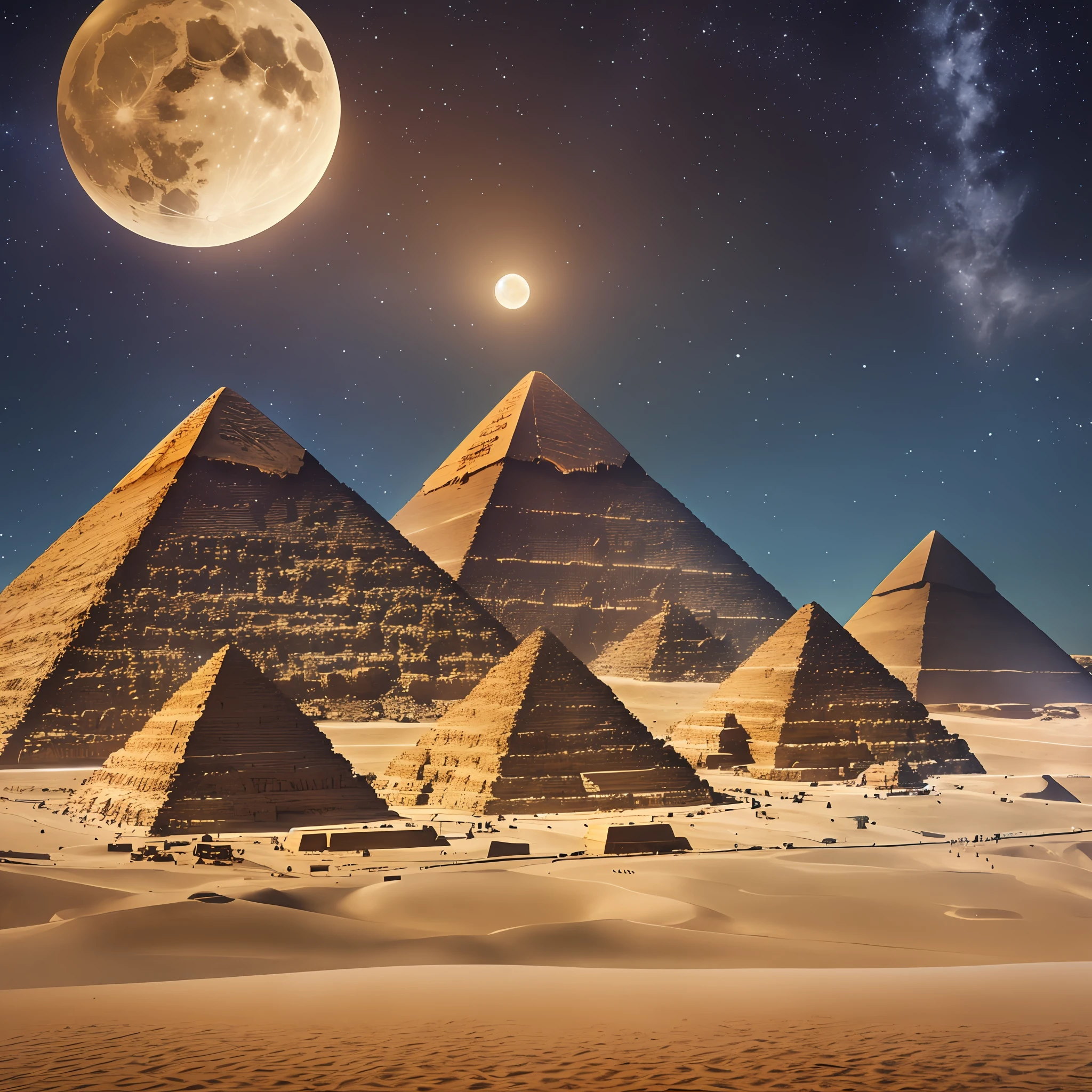 The pyramids of Egypt and the sphinx on a beautiful full moon night, very detailed, with the best lighting, amazing shadows, depth of field effect, realistic textures, dramatic clouds, bright stars, volumetric light effects, all in an ultra-detailed resolution in CG, an unparalleled masterpiece! --auto --s2