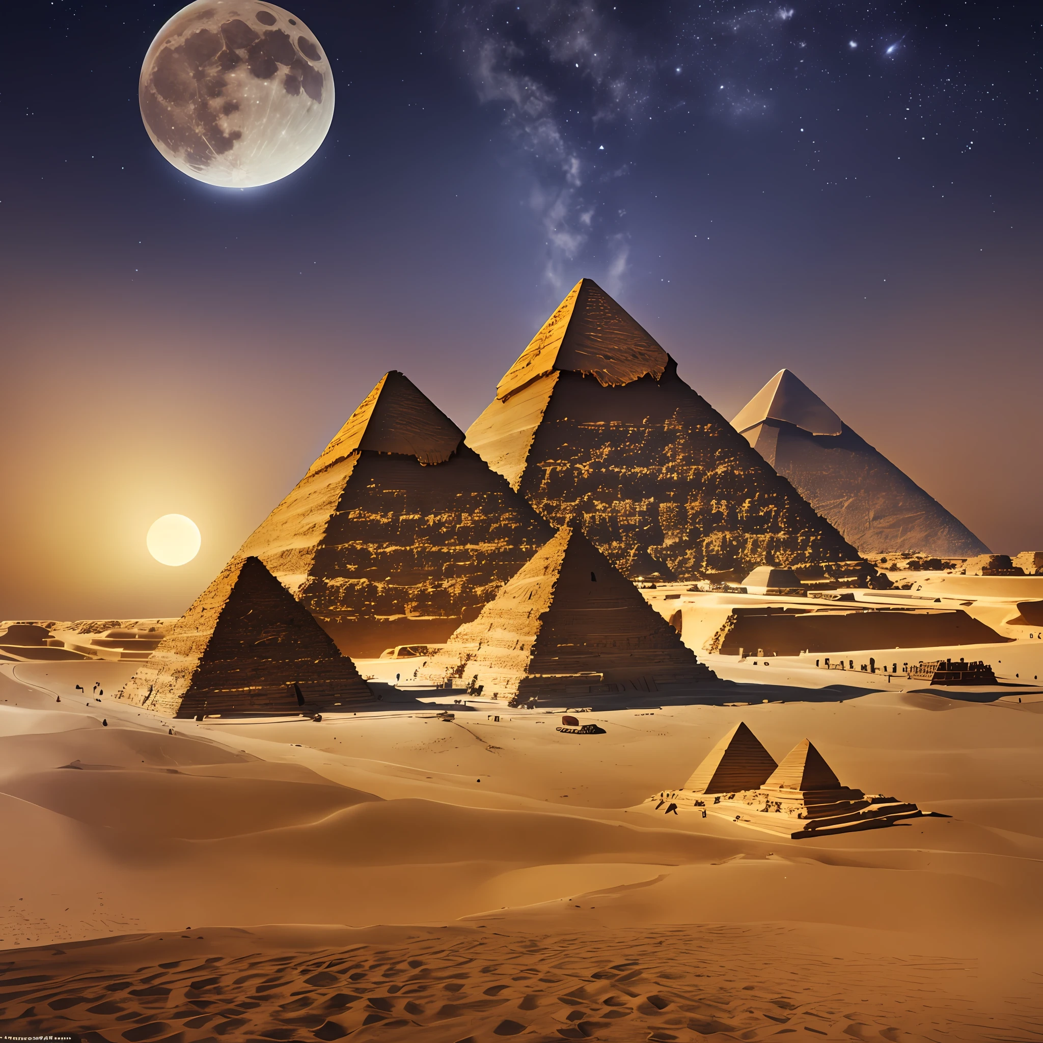 The pyramids of Egypt and the sphinx on a beautiful full moon night, very detailed, with the best lighting, amazing shadows, depth of field effect, realistic textures, dramatic clouds, bright stars, volumetric light effects, all in an ultra-detailed resolution in CG, an unparalleled masterpiece! --auto --s2