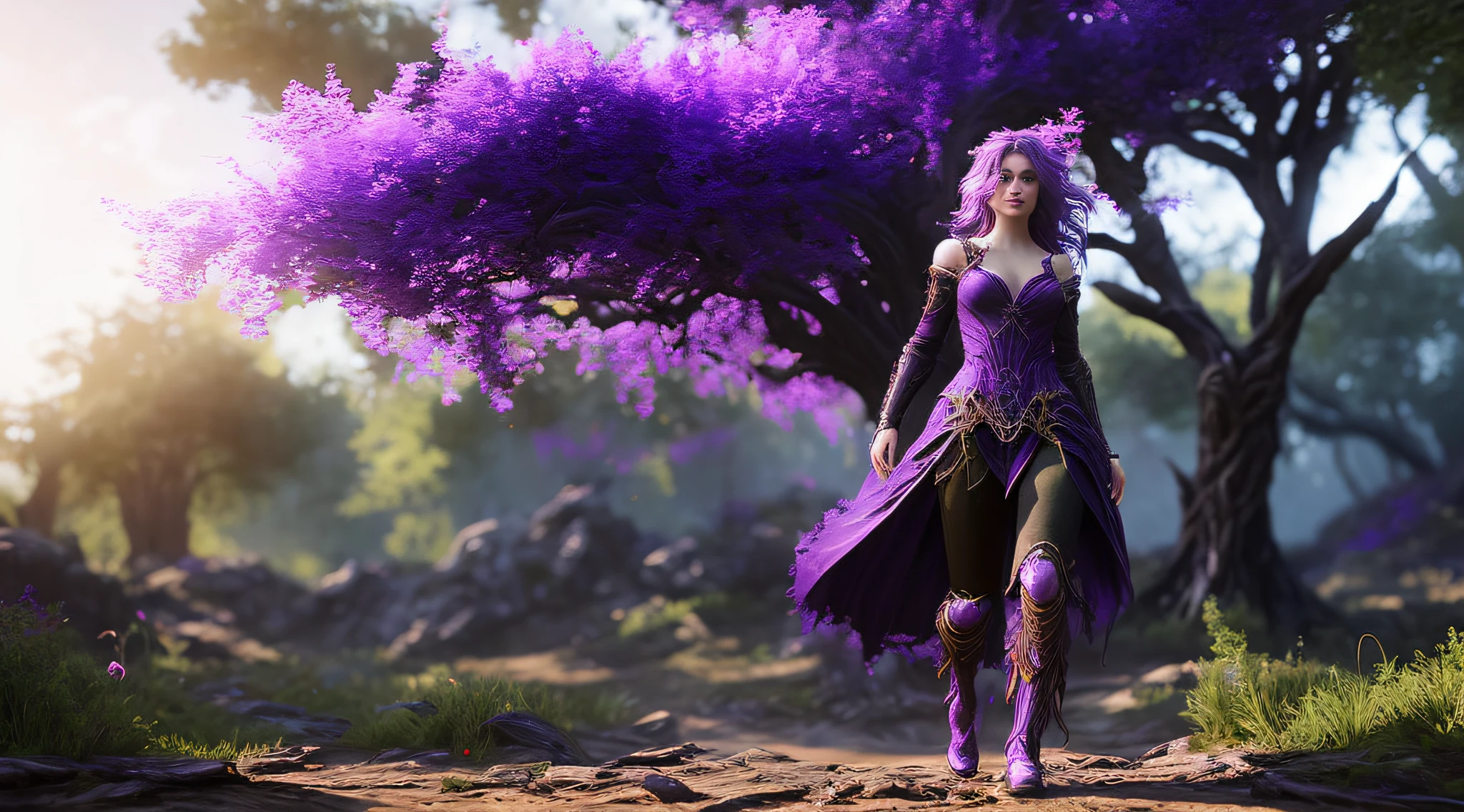 Full body shot, facing camera, realistic digital painting portrait of a gothic female enchantress, (curly hair:1.1), (purple hair:1.3), magical dark and red universe, magic cloth armor with black and purple engrave in intricate details, movement, walking forward, slow-motion, (abstract background:1.2), (very detailed skin:1.2), (game concept:1.3), (elden ring style:1.3), (arcane style:0.8), (depth of field:1.3), volumetric lighting, global illumination, art by viktoria gavrilenko