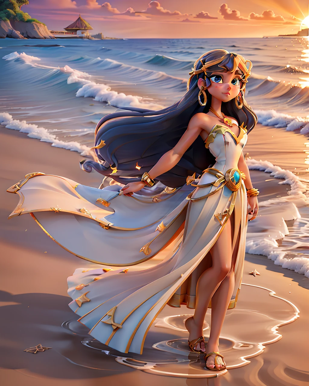 An exquisite lady stands at the shore of a tranquil beach, the golden sun setting behind her. The sand and water beneath her feet and the sea breeze tousling her hair provide a soothing sense of tranquility.