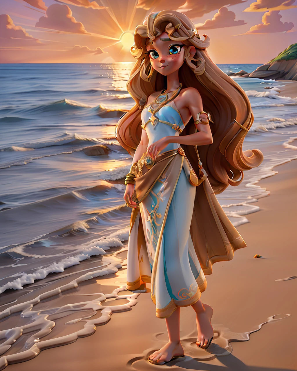 An exquisite lady stands at the shore of a tranquil beach, the golden sun setting behind her. The sand and water beneath her feet and the sea breeze tousling her hair provide a soothing sense of tranquility.