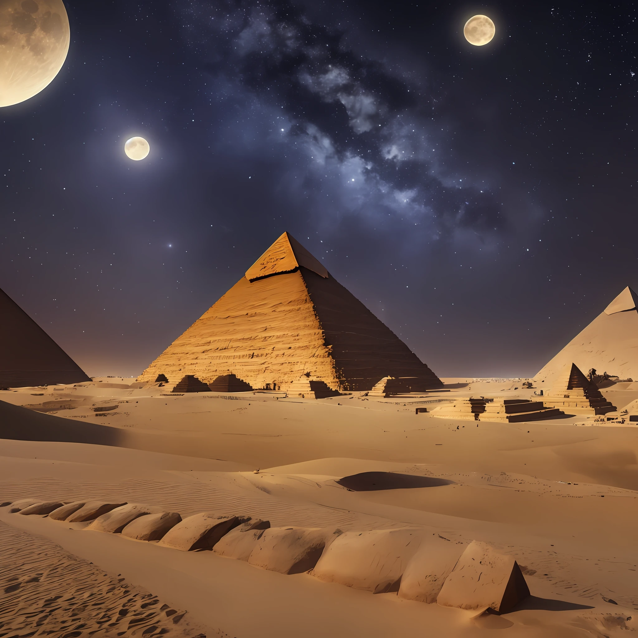 The pyramids of Egypt and the sphinx on a beautiful full moon night, very detailed, with the best lighting, amazing shadows, depth of field effect, realistic textures, dramatic clouds, bright stars, volumetric light effects, all in an ultra-detailed resolution in CG, an unparalleled masterpiece! --auto --s2