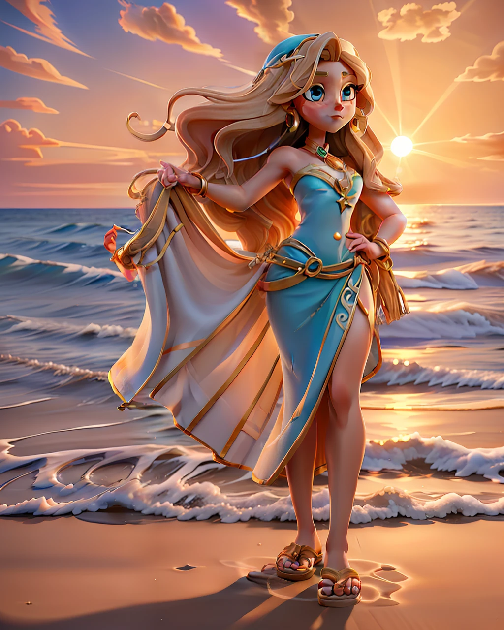 An exquisite lady stands at the shore of a tranquil beach, the golden sun setting behind her. The sand and water beneath her feet and the sea breeze tousling her hair provide a soothing sense of tranquility.