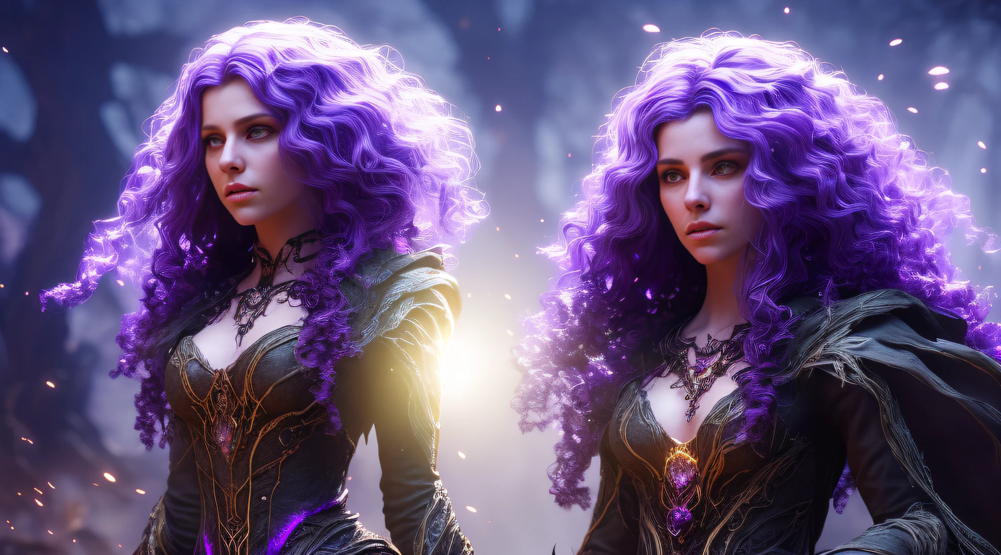 Full body shot, facing camera, realistic digital painting portrait of a gothic female enchantress, (curly hair:1.1), (purple hair:1.3), magical dark and red universe, magic cloth armor with black and purple engrave in intricate details, movement, walking forward, slow-motion, (abstract background:1.2), (very detailed skin:1.2), (game concept:1.3), (elden ring style:1.3), (arcane style:0.8), (depth of field:1.3), volumetric lighting, global illumination, art by viktoria gavrilenko