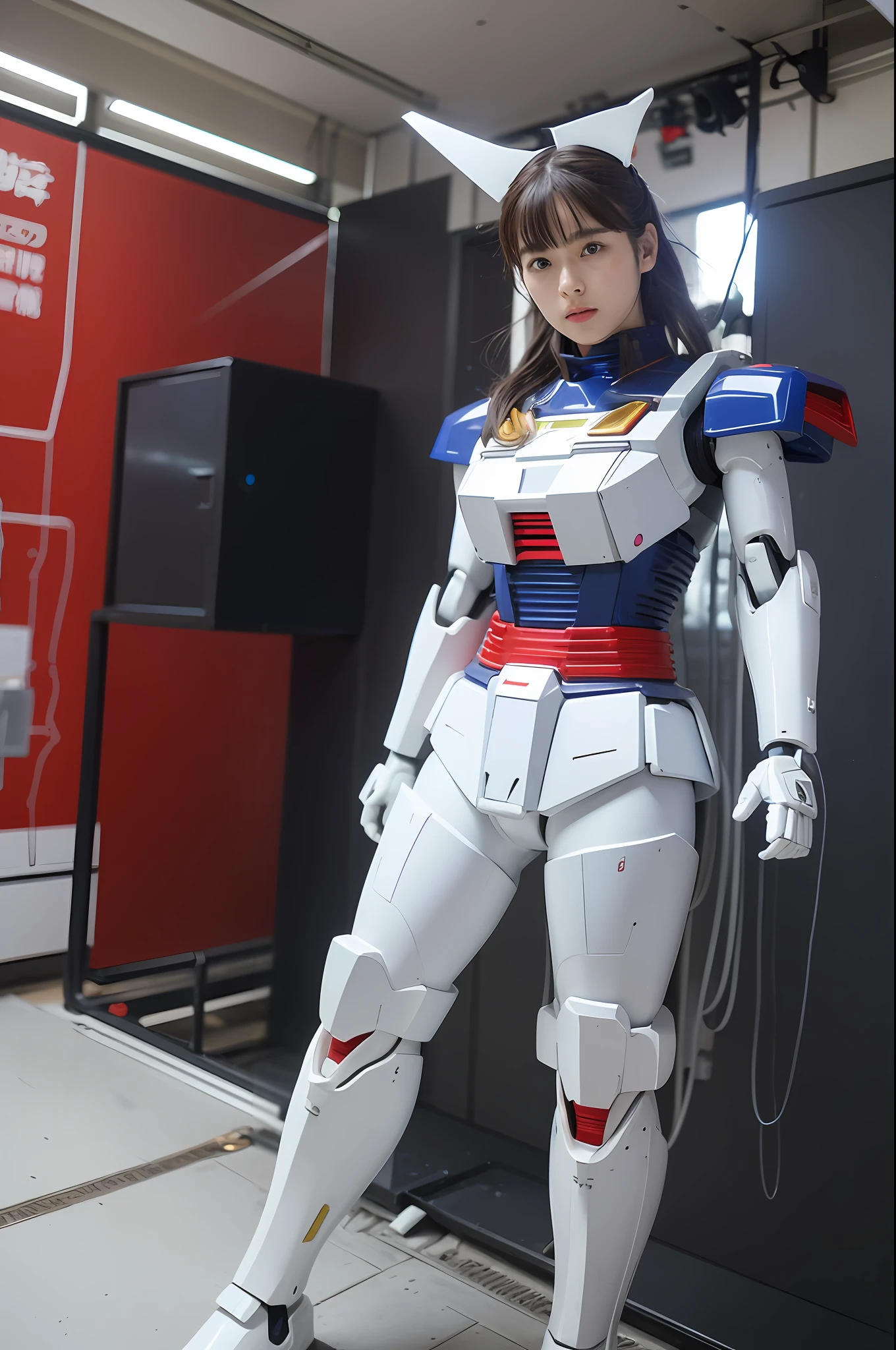(Highly detailed Gundam body, highly detailed face, best quality: 1.2), Japan women, watch the viewer, (detailed machine body, machine limbs, big bust)