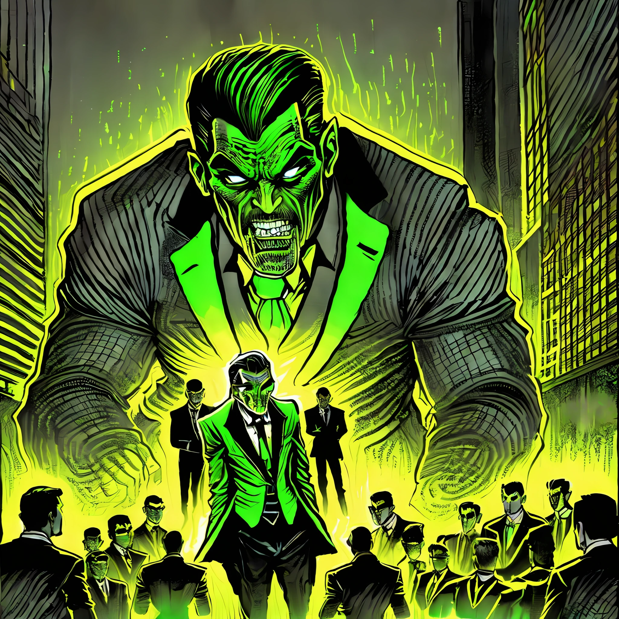 Drawing of a giant in a suit and tie eating human beings. Jhon Romita style illustration, illustration of a giant in suit and tie devouring people, dark, lovercraft style, dark and fluorescent green colors, giant devouring people --auto --s2