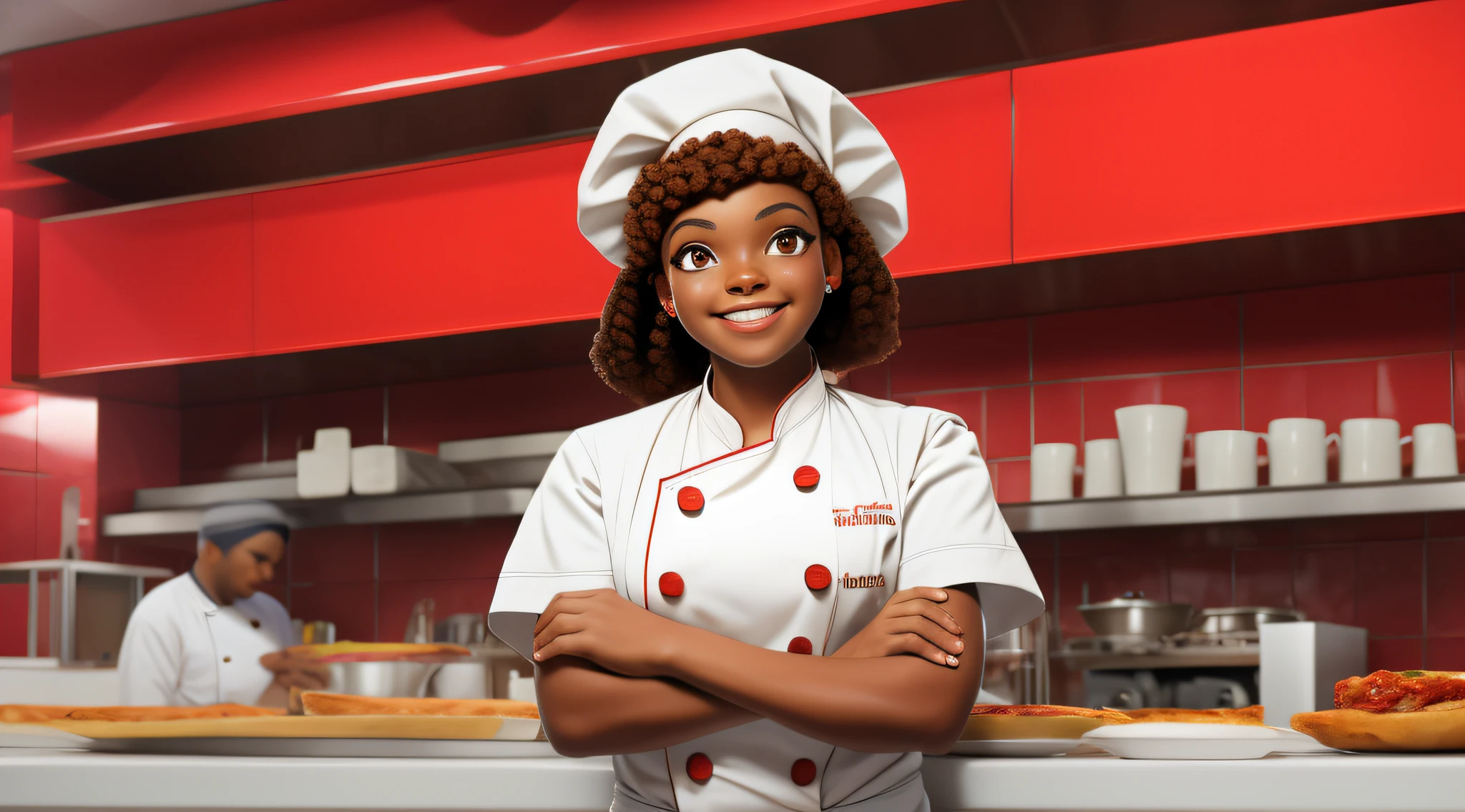 Afro Brazilian girl brown hair,with touch blanche in the color arm,arms crossed,smiling looking with chef's outfit in a pizzeria kitchen, infinite red background blurred cinematografico