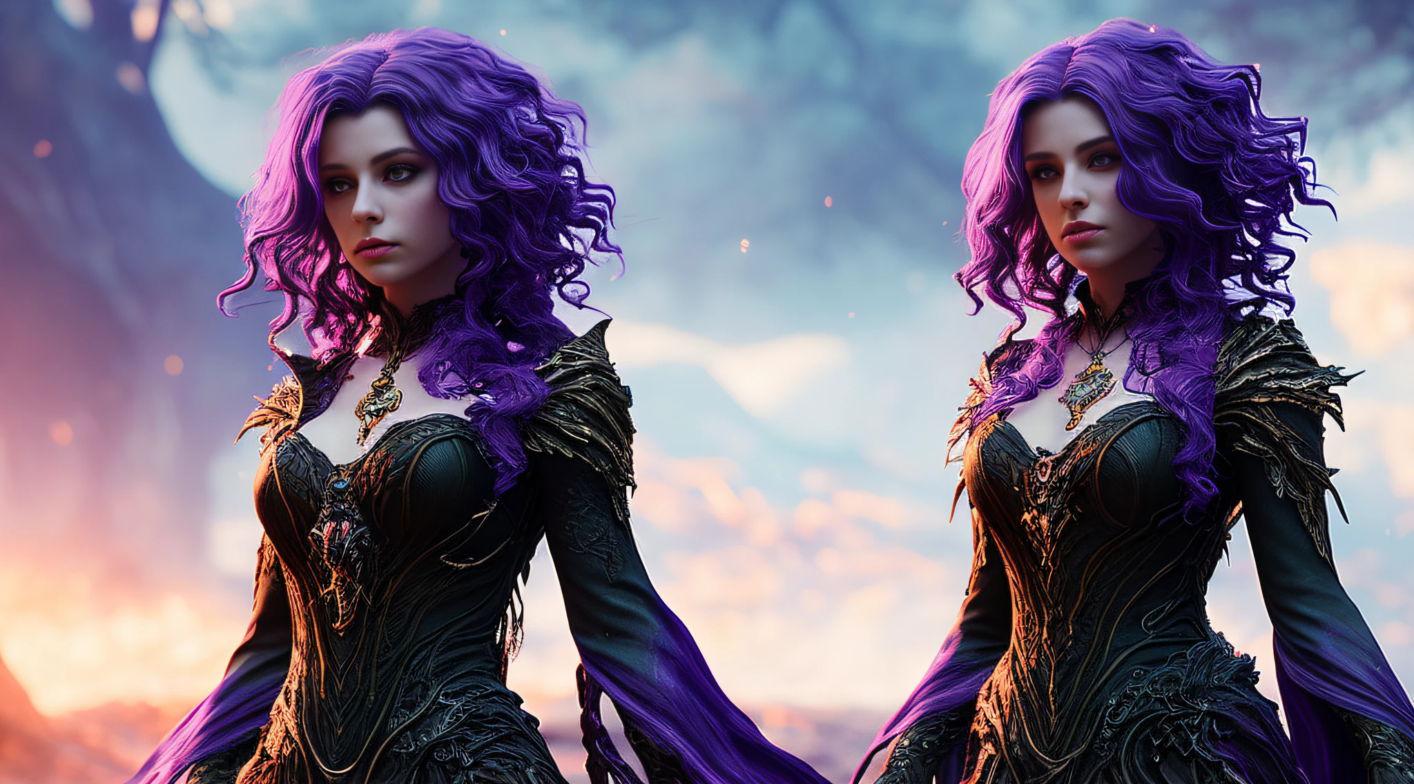 Full body shot, facing camera, realistic digital painting portrait of a gothic female enchantress, (curly hair:1.1), (purple hair:1.3), magical dark and red universe, magic cloth armor with black and purple engrave in intricate details, movement, walking forward, slow-motion, (abstract background:1.2), (very detailed skin:1.2), (game concept:1.3), (elden ring style:1.3), (arcane style:0.8), (depth of field:1.3), volumetric lighting, global illumination, art by viktoria gavrilenko