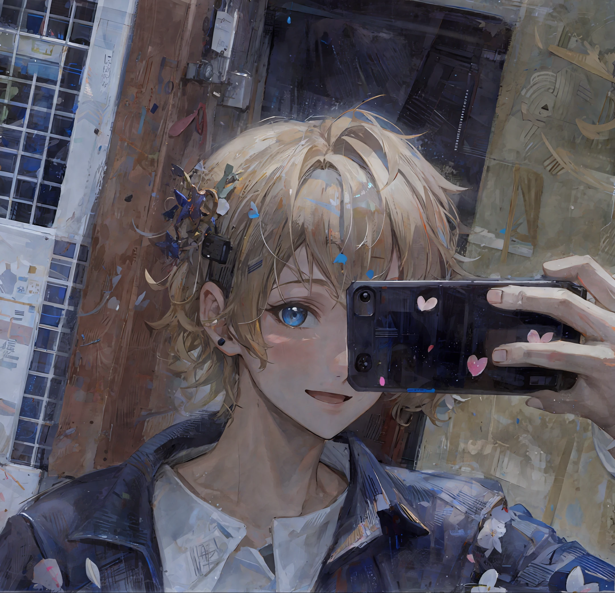 Happy 16 year old blonde boy with anime style with blonde hair, with blue and white shirt