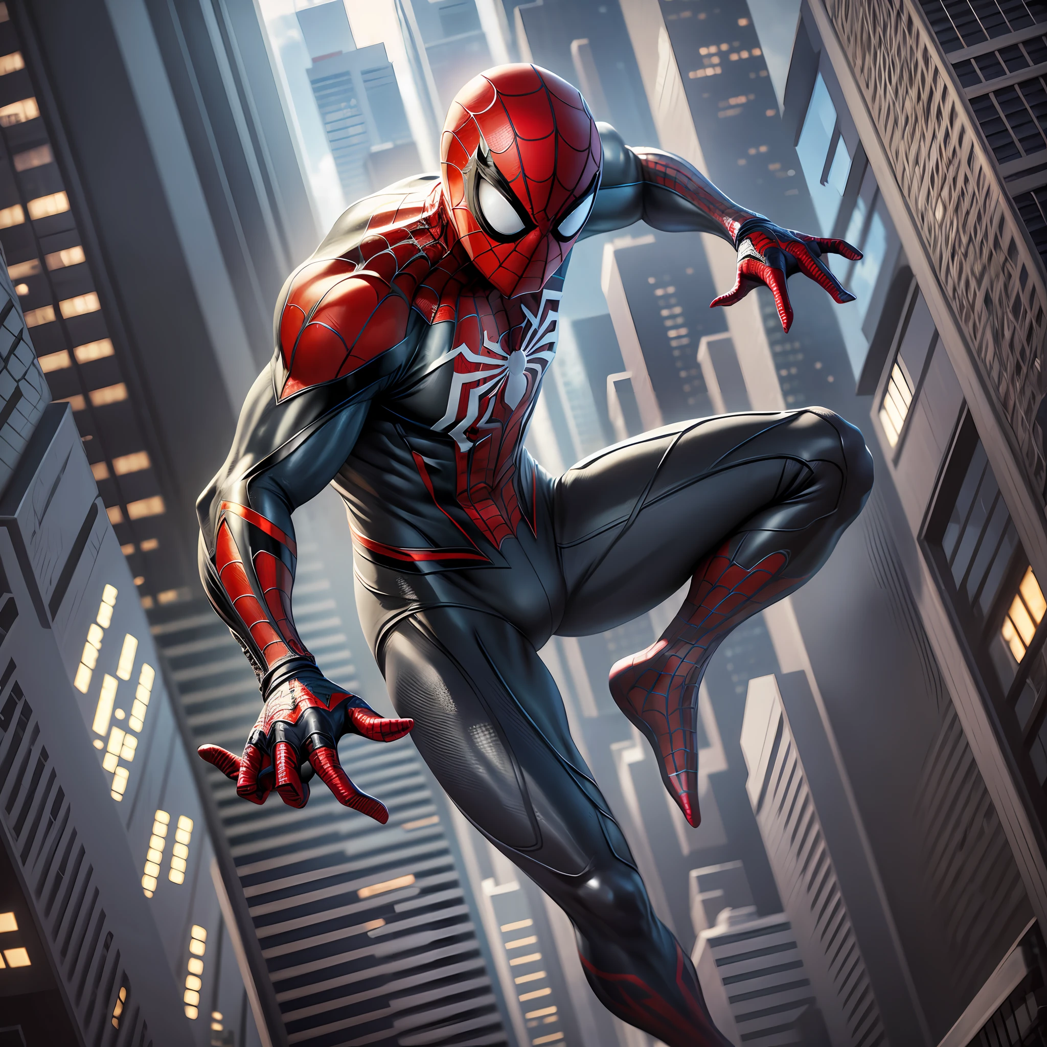 Spider man, full hd, realistic spider man, full hd image, ultra hdr, ultra resolution, black clothing, between buildings, 4k, 8k, photorealism, realism, cinema colors, cinema lights, quiet colors, black mask --auto --s2