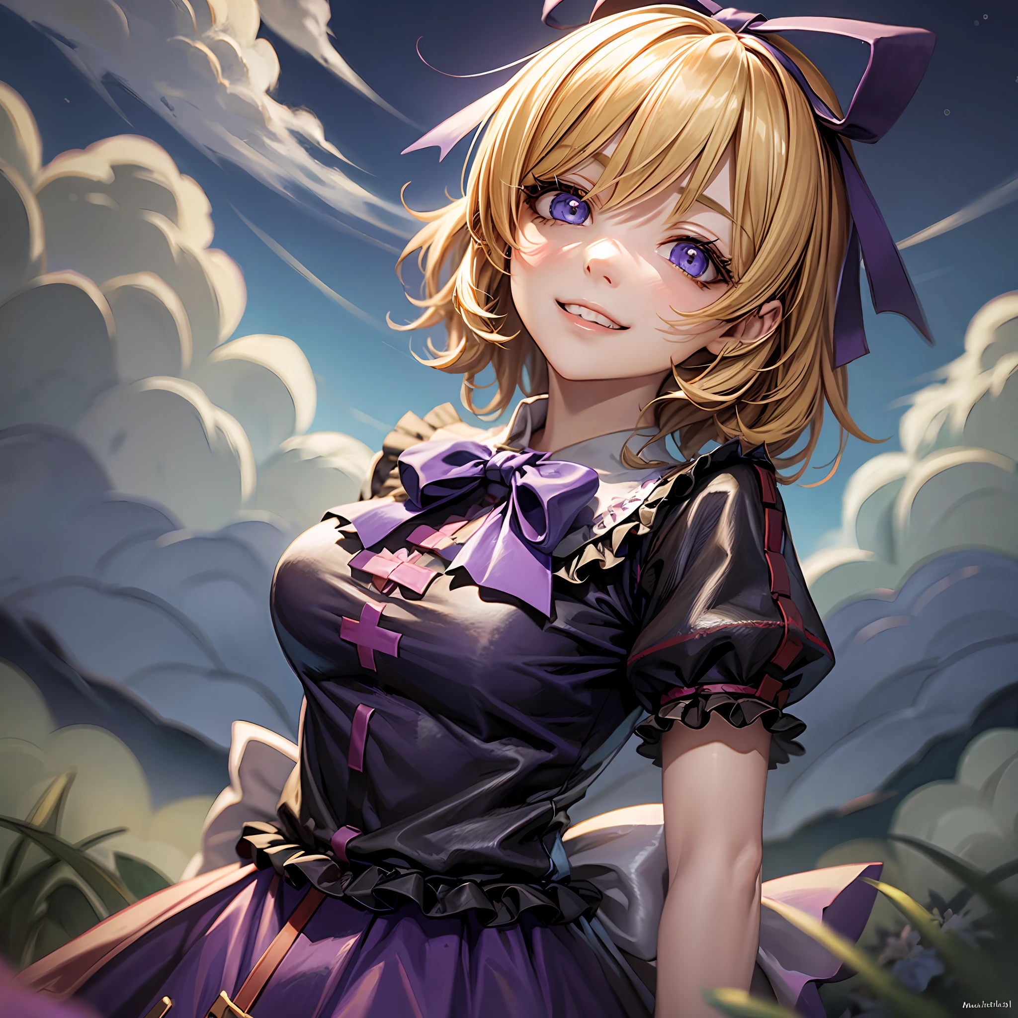 masterpiece, best quality,   (Medicine Melancholy:1),1girl,smile, blonde hair, short hair,ribbon,blue eyes,black shirt,purple skirt, purple bow,purple background, huge breasts, covered breasts, evil grin, looking at viewer, thick eyelashes, evil face, poison, purple mist, poisonous mist, poisonous gas, photorealistic, {{{Masterpiece}}}, {{{detailed}}} {{{high Resolution}}}, colorful, {{{cinematic lighting}}}, {{detailed}}, 4K, Touhou, Medicine Melancholy, alternate color pallete, ((lily-of-the-valley)), night, outside, starry sky, cumulus clouds, meadow, hills, (Nameless Hill, Suzuran field, Gensokyo)