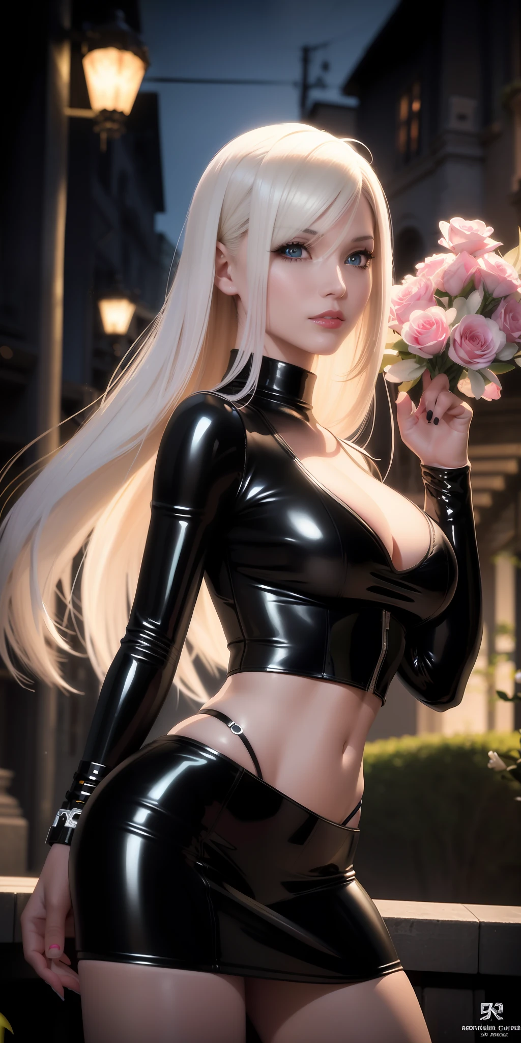 blond haired woman in latex posing with flowers in hand, tifa lockhart with white hair, black cat, perfect white haired girl, 3 d render character art 8 k, 🌺 cgsociety, ig model | artgerm, extremely detailed artgerm, cyborg - girl with silver hair, photorealistic anime girl render, realistic artstyle, photorealistic artstyle