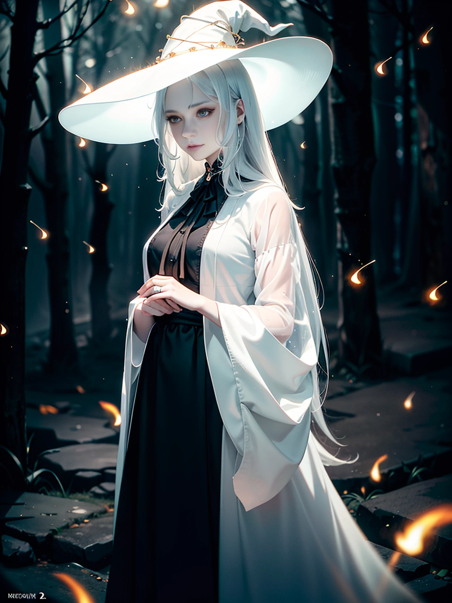 RAW photo, one person, skin invisible, full body photo of 60 year old woman, witch, Sensual beautiful woman with round cheeks, realistic facial expression, light red eyes, pale skin, wavy white hair, long hair, witch hat, white skin, slender body, wearing full body black robe with rich decoration, confident expression, (magic mysterious background, fireflies, glowing particles, ethereal fog, faint darkness), high saturation, film light, rim light, best shadows, pointing here, background is urban ruins, (very detailed skin: 1.2), 8k UHD, DSLR, soft lighting, high quality, film particles, fujifilm XT3