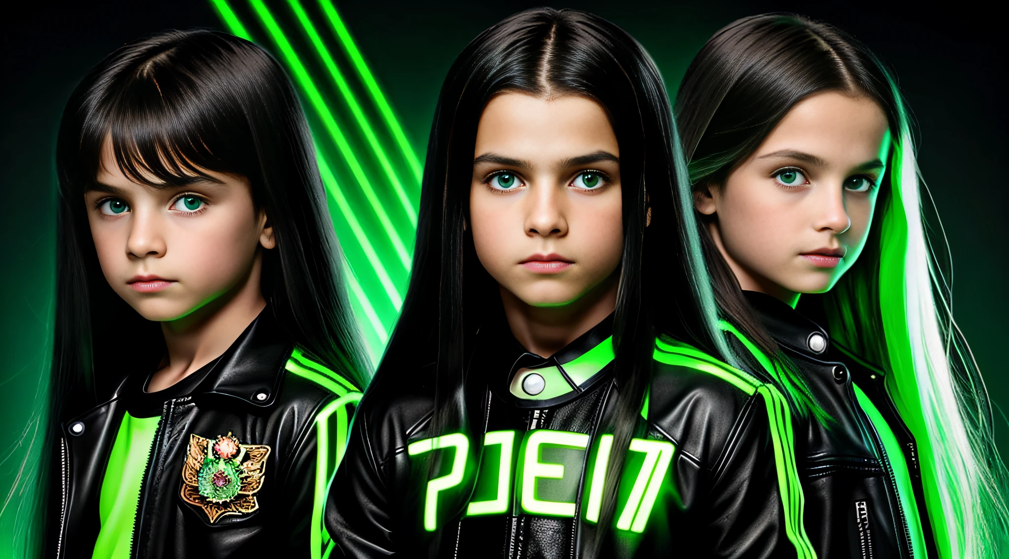 Russian  boys 10 yearsNG STRAIGHT HAIR dark, PORTRAIT STYLE, black leather jacket that are holding a lamp, promotional image, promotional image, promotional image, promotional art, next gen, bright green, green glow, TV show, bright green eyes, key art, Green Glow, neon green, supernatural green eyes, photo render, enigmatic!!, Color yet,  Rendered image