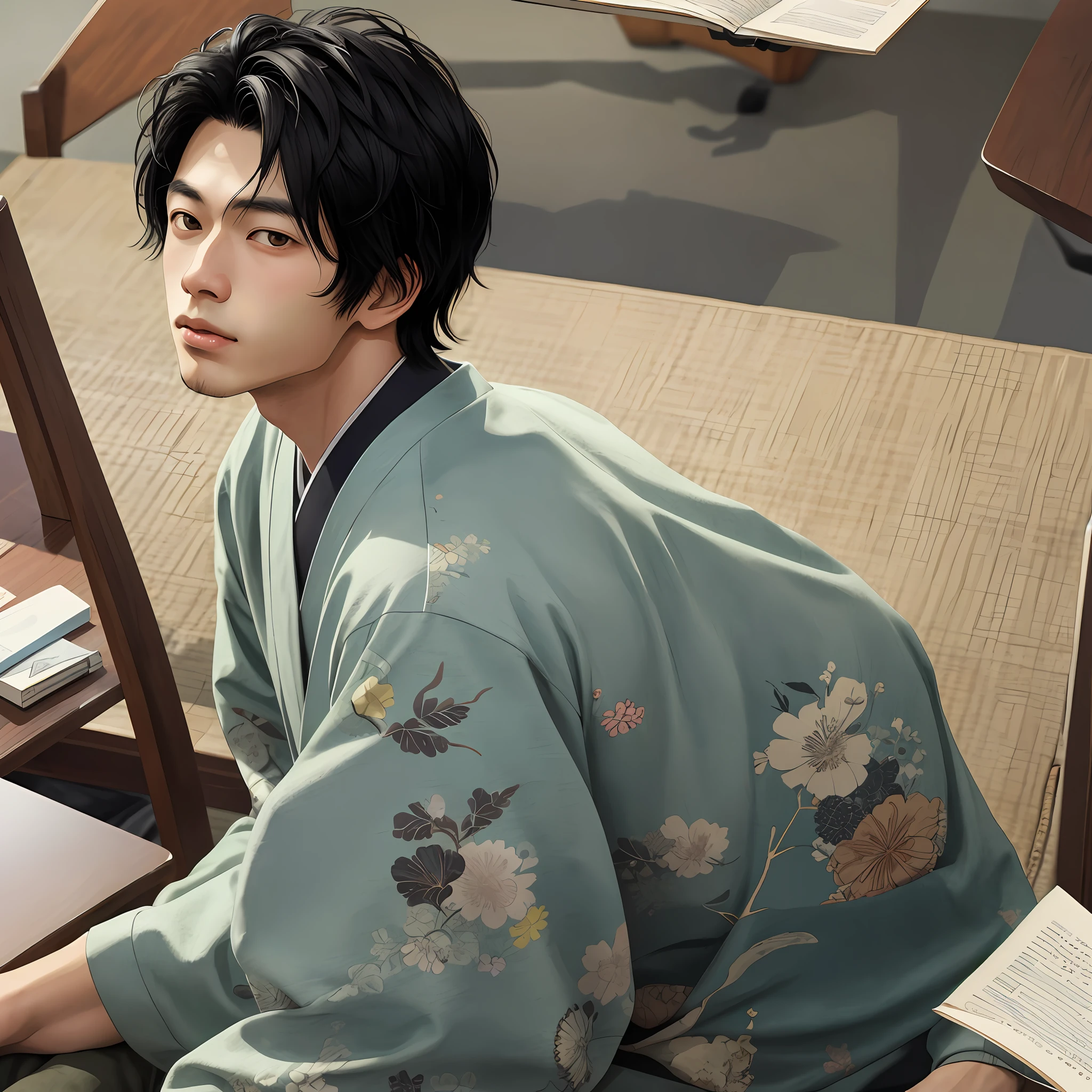 Masterpiece illustration of top quality black hair, young Japan man with upper body taking looking up posture, 23 years old.