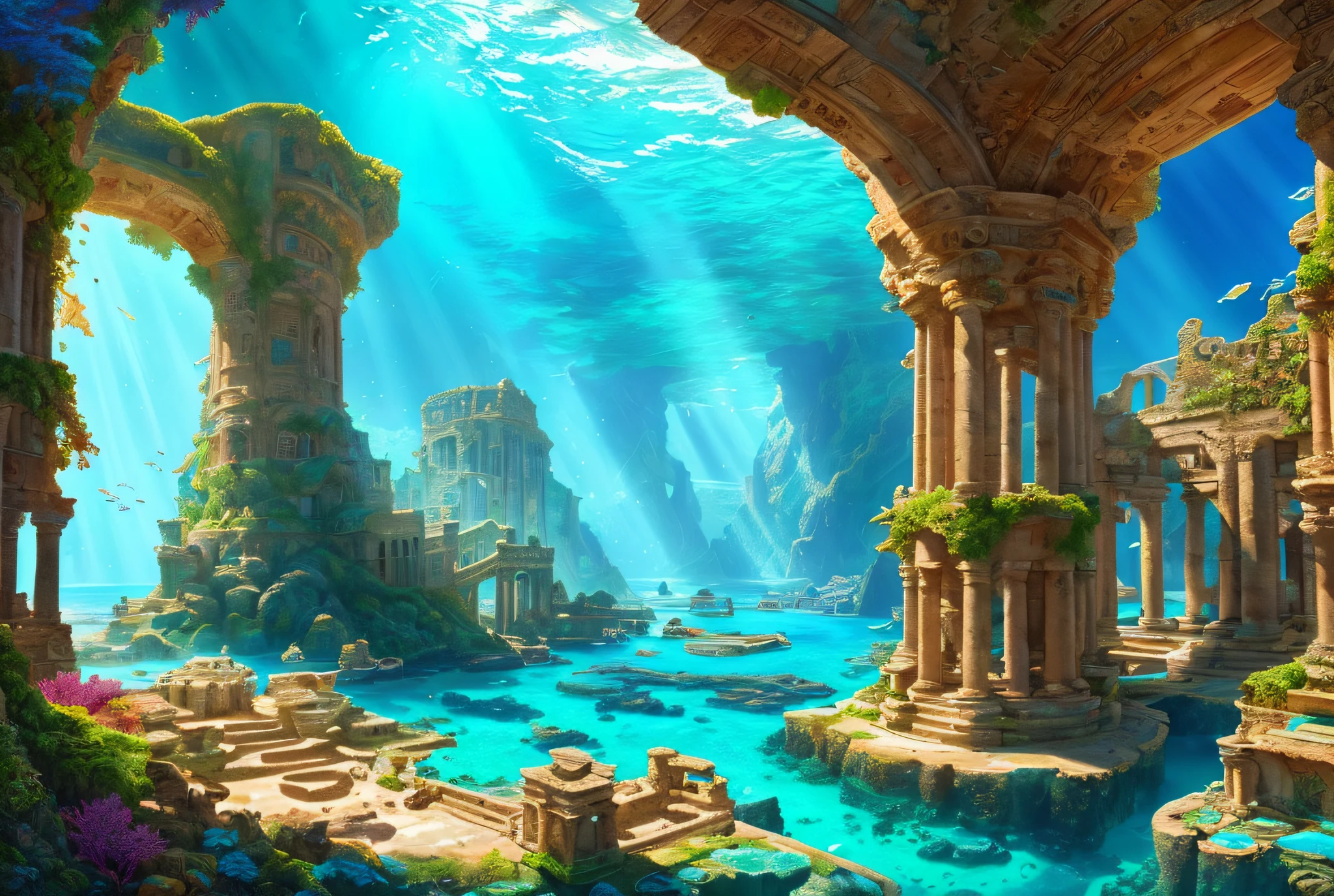 Atlantis continent sunk into the sea, magnificent reality, (HDR: 1.4), dappled sunlight, cool colors, ancient ruins, underwater city, marine life type house full of design sense, incredible spectacular composition, (complex detail), (complex detail, super detail: 1.2), art station, movie clip, complex background, (masterpiece, top quality) --v 6