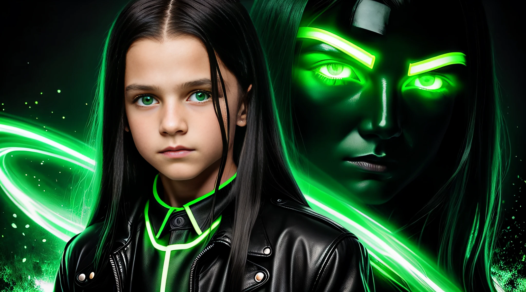 Russian children boys WITH LONG STRAIGHT HAIR dark, PORTRAIT STYLE, black leather jacket that are holding a lamp, promotional image, promotional image, promotional image, promotional art, next gen, bright green, green glow, TV show, bright green eyes, key art, Green Glow, neon green, supernatural green eyes, photo render, enigmatic!!, Color yet, Rendered image