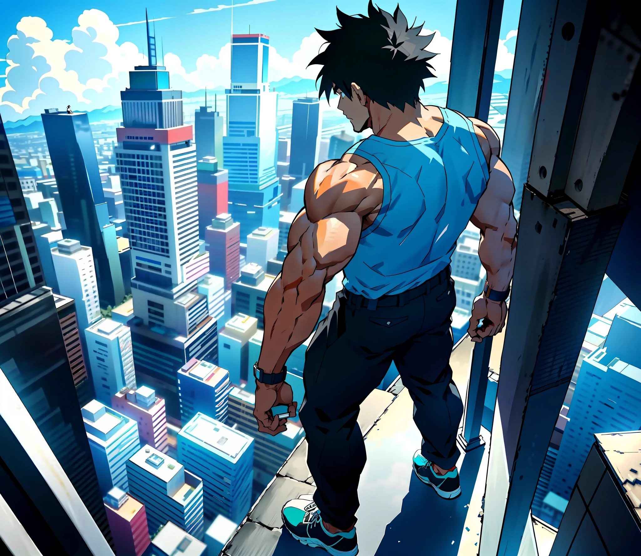 Generate an anime-style artwork featuring a high angle shot of a muscular male character with his back turned to the camera, THE CHARACTER IS ON TOP OF A HIGH BUILDING, The protagonist should possess an extremely muscular body, akin to that of a bodybuilder. top down view, from above angle, The character should have very short hair and be dressed in a white tank top, black pants, and black sneakers. The image should depict the full body of the character, with the focus on their intimidating stance from behind. The protagonist should exude strength and dominance, displaying a powerful presence. The scene should feature only the muscular character, THE CHARACTER MUST BE ON TOP OF A BUILDINGS SHOWING A BIG CITY BELOW HIM
