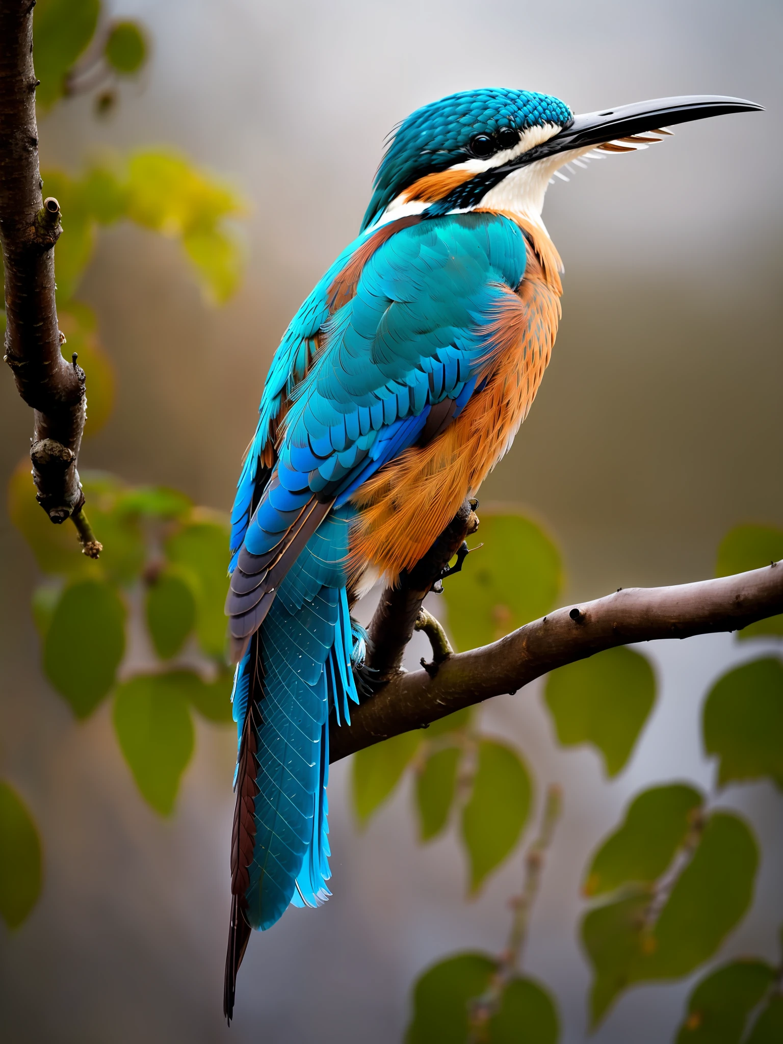 superb kingfisher on a branch near budding white cherry flowers, dark, dawn, (chilly early morning:1.1), (morning dew:1.15), realistic photography, (low-key photograph:1.2), detailed, 8k, intricate ruffled feathers, water droplets on the feathers, (to8contrast style), (mist:0.7), vivid colors, Sony a6600 Mirrorless Camera, embellish2