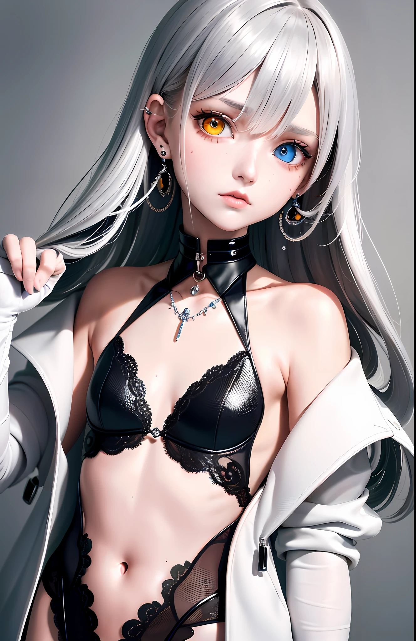 Best, Masterpiece, High Resolution, Best Quality, Ultra HD, Super Detail, Award-Awarded, 16k, (Upper Body), Beautiful Girl, Gray Hair, Hair Strands, ((Heterochromia)), Hanging Eye Corners, Fair Skin, (Small), (Slim Body), ((Short Jacket)), Stud Earrings, (Neck Rings), (Very, Very Short Gloves)