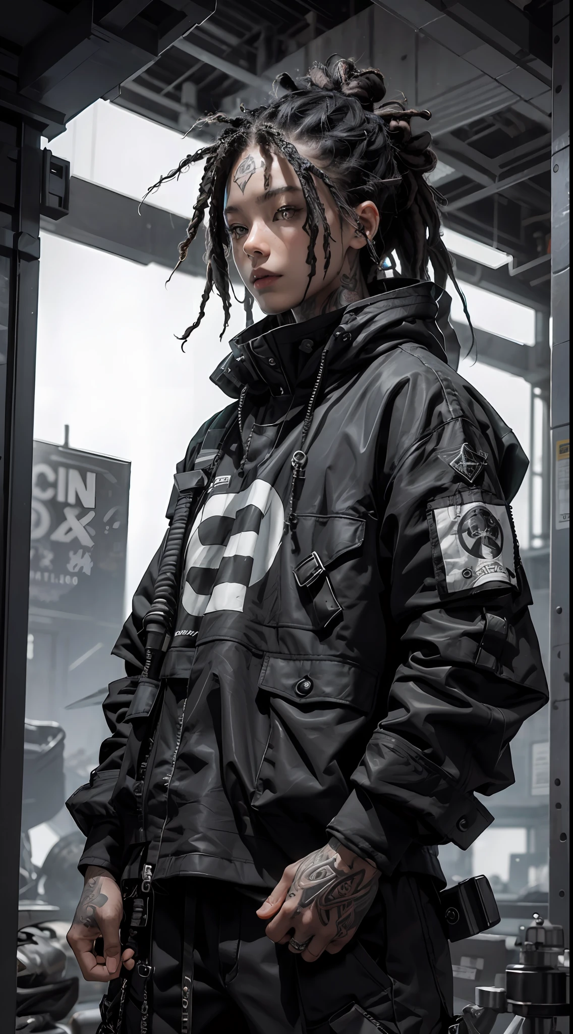 (best quality, masterpiece)raw photo,fisheye(rapper with dread hair, tattoos,mechanic arms)techwear jacket,hood,reelmech,black and white clothes,very detailed,cinematic,glow,ultra sharp,particles