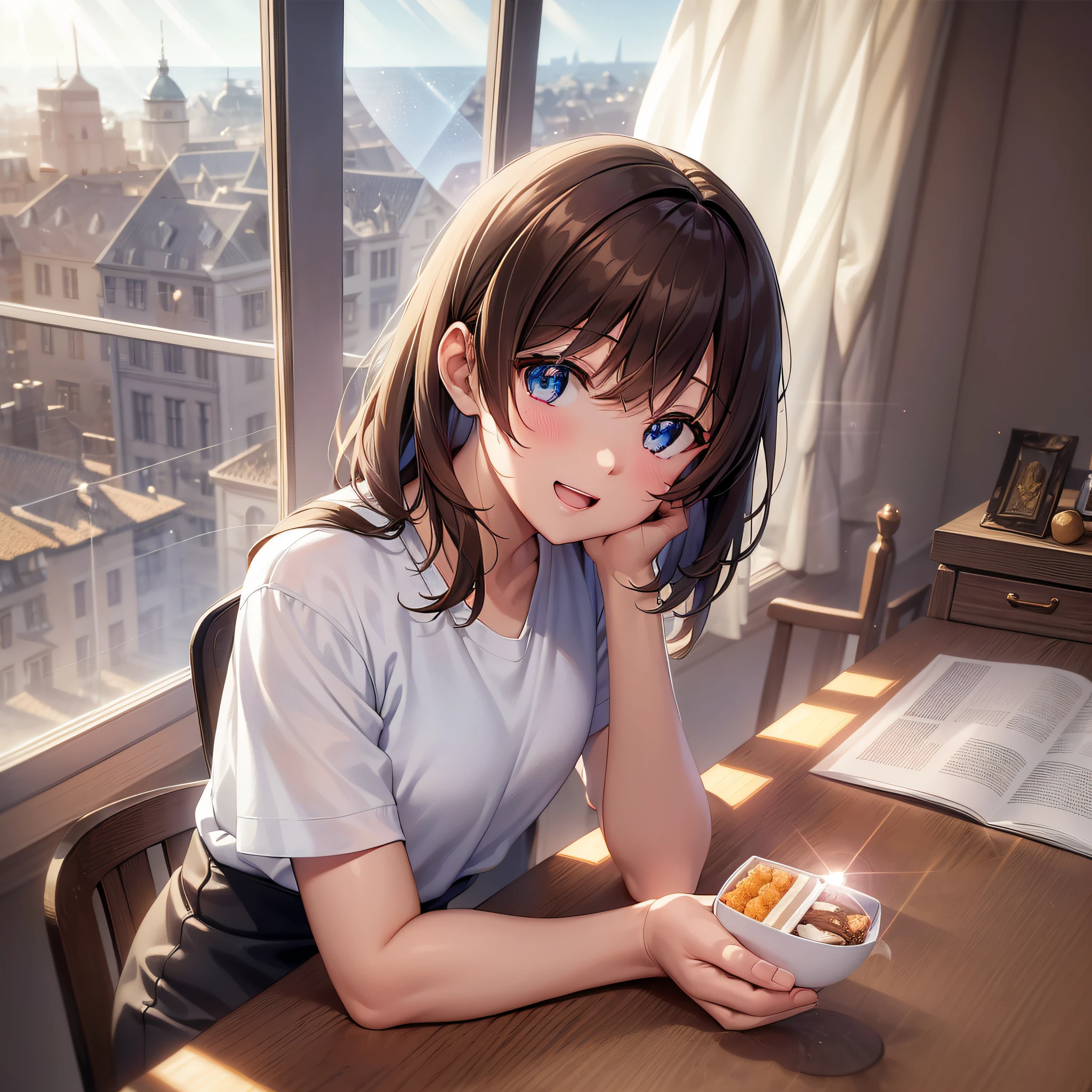 (masterpiece:1.2), (ultra-detailed:1.2), (perfect details), (extremely fine and beautiful:1.1), cinematic composition, dramatic lighting, volumetric lighting, golden hour, beautiful face, beautiful eyes, anime wallpaper of anime girl , 1girl, solo, brown hair, bangs, medium hair, blue eyes, ;D,,white t-shirt, short sleeve, breakfast, desk, white chair, blush, indoors, curtains, window, summer, upper body, medium shot, dutch angle, pov, (lens flare:1.4)