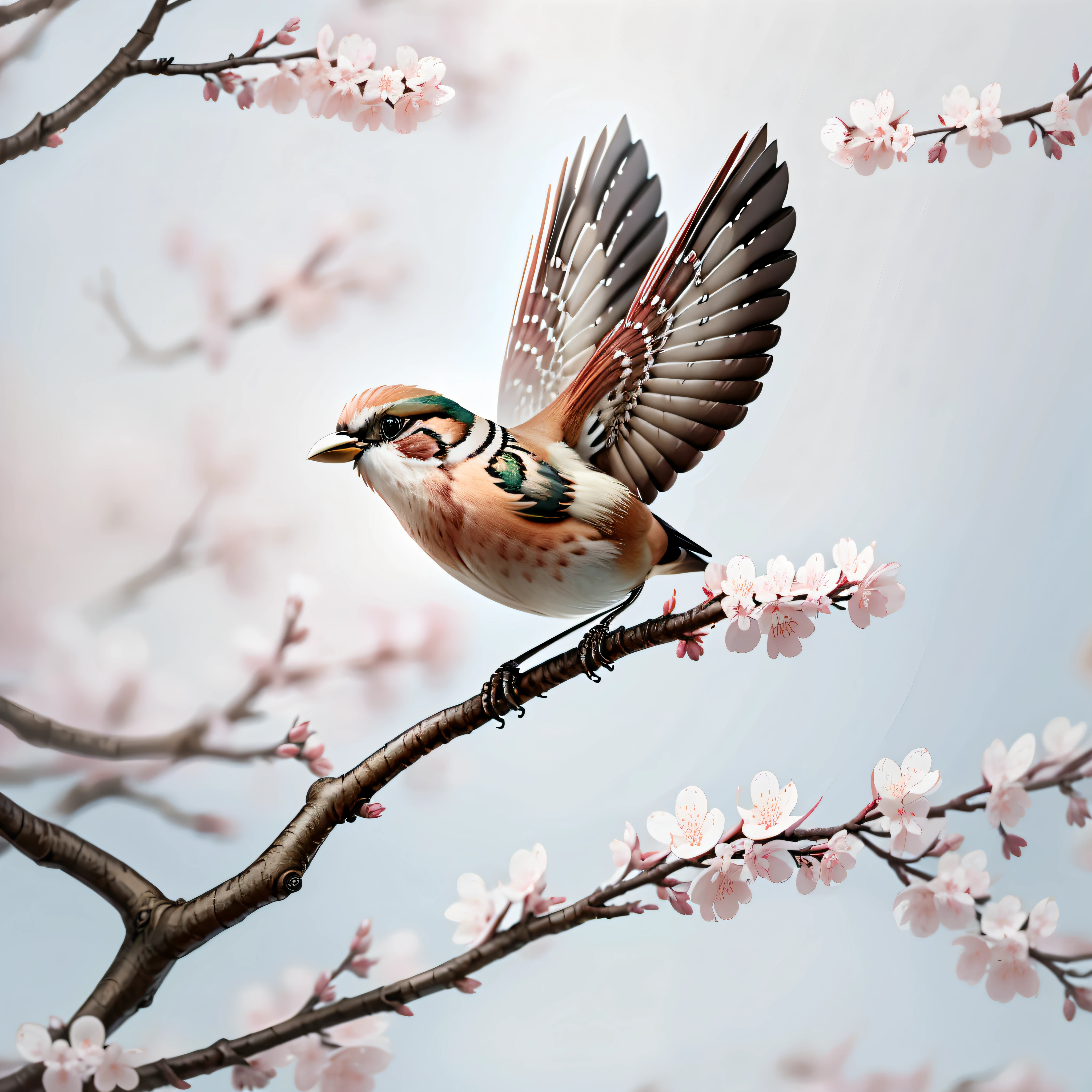 "Sparrow bird with flying wings open, cherry blossom, wings open, wings spread upwards, masterpiece of superior quality, officially beautiful art and aesthetics, realistic and detailed 8k, yang08k."