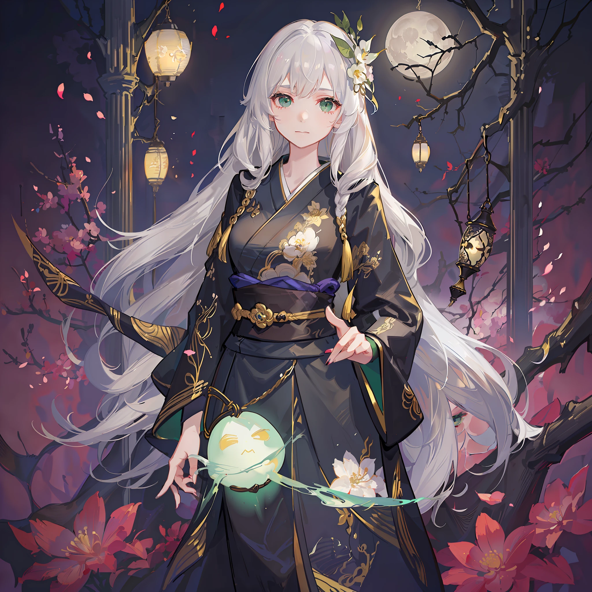 Anime girl, located in a sea of flowers, light gray hair, pale skin, holding a lamp in her hand, big dark green eyes, ghost hunter uniform, kimono, black painted gold belt, jade gourd hanging from her waist, evening, moonlight