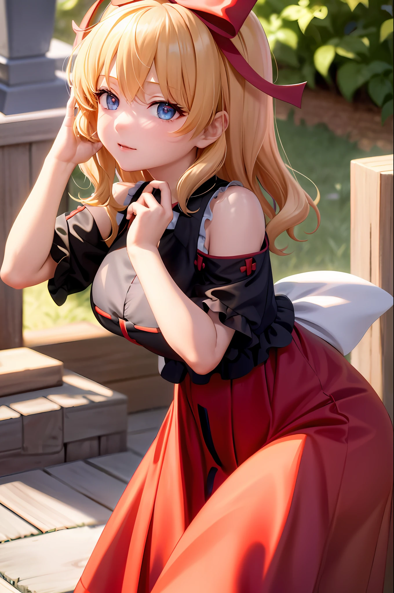 {{Masterpiece}}, {{sharp detail}}, {{tone mapping}}, {{Best Quality}}, {{High Resolution}}, {{Absurd resolution}}, Touhou, Medicine melancholy, {{shiny blonde Hair}}, {{short Hair}}, {{wavy hair}}, {{miko clothes}}, {{shrine maiden}}, {{large breasts}}, {wide hips}, {thick thighs}, {blue eyes}, {{Shinto shrine}}, {{outdoors}}, {lipstick}, {{thick eyelashes}}, {{smirk}}, {{red bow}}, {{hair bow}}, {{hip vent}}, {{cowboy shot}}, {{hakama skirt}}, {{sleeveless dress}}, {{red hakama}}, {{wide sleeves}}, {{detached sleeves}}, {{black sleeves}}, {{black shirt}},