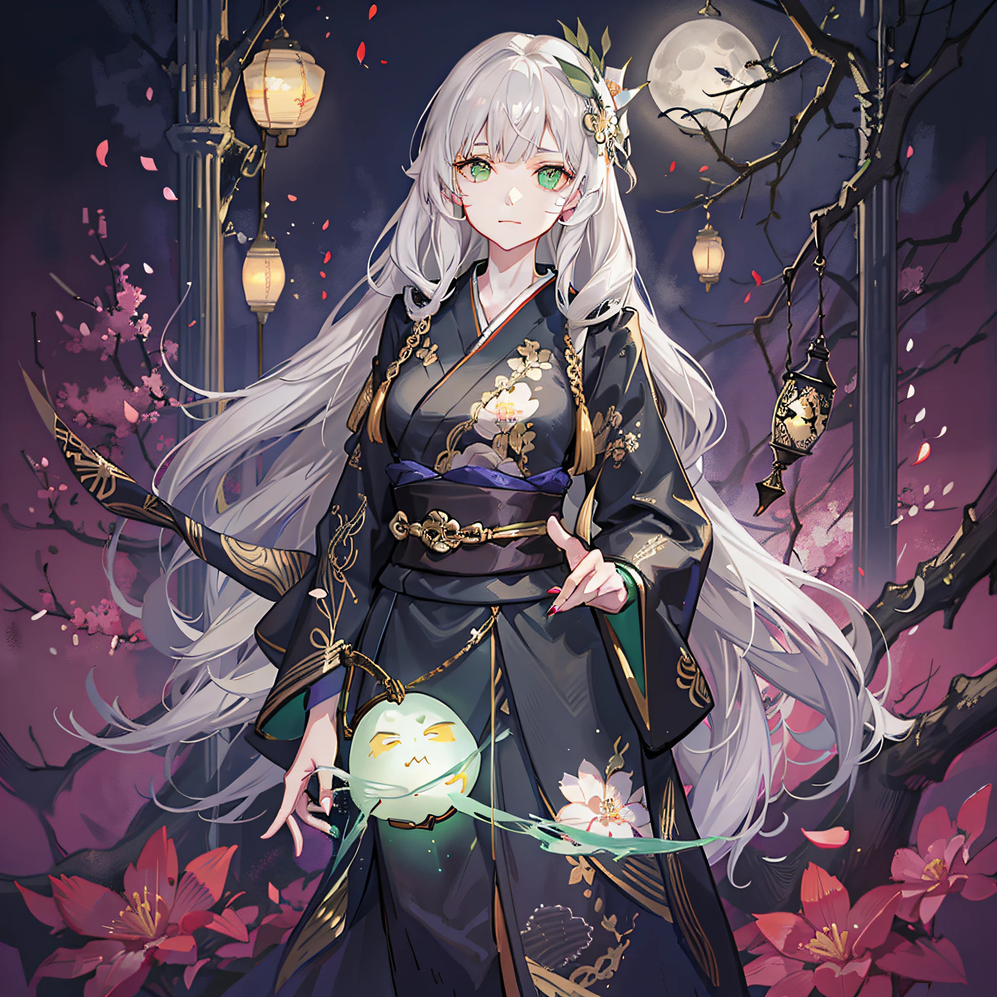 Anime girl, located in a sea of flowers, light gray hair, pale skin, holding a lamp in her hand, big dark green eyes, ghost hunter uniform, kimono, black painted gold belt, jade gourd hanging from her waist, evening, moonlight